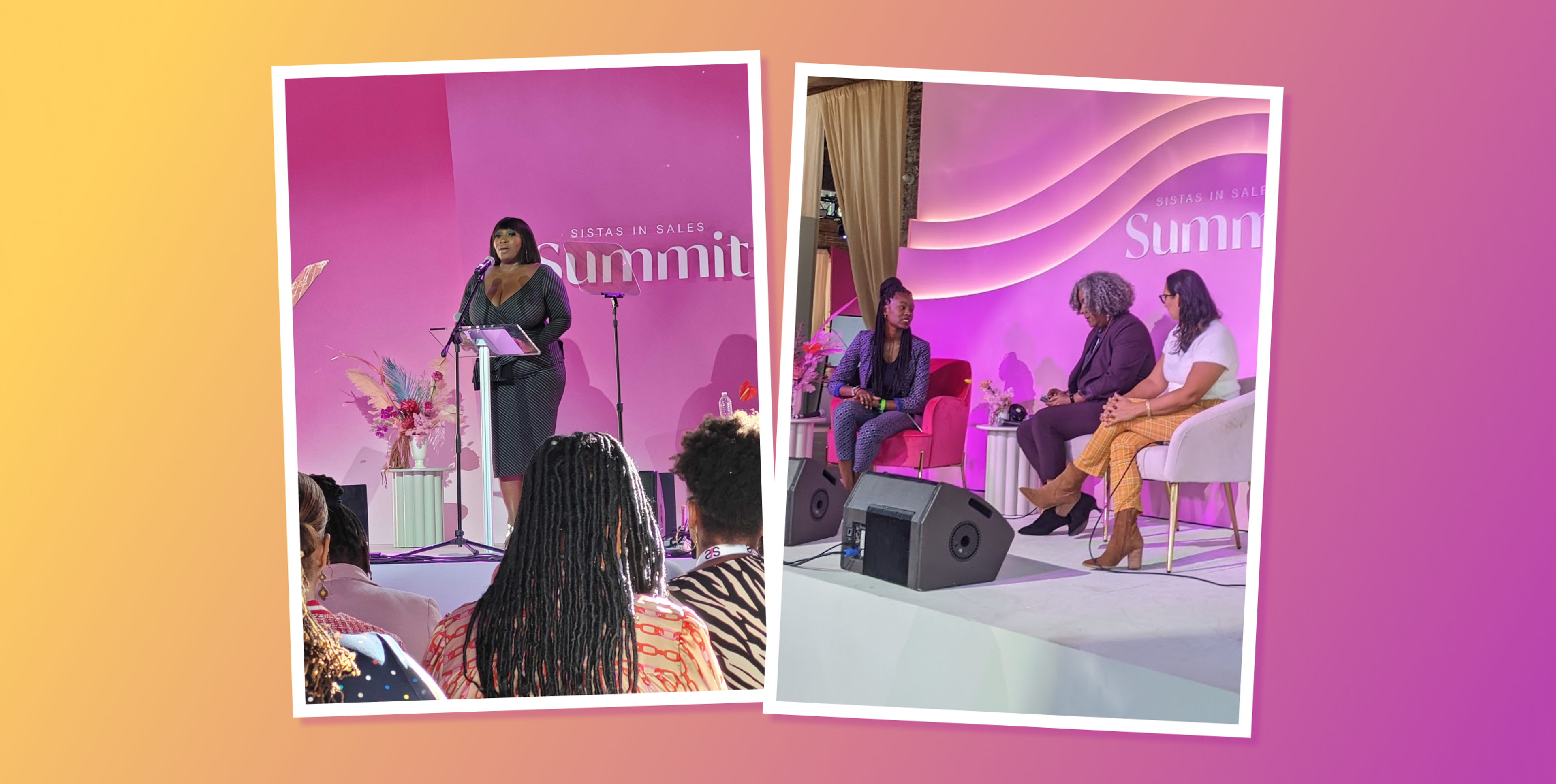 A speaker stands at a podium on the left, addressing an audience at a summit. On the right, three panelists engage in discussion on a stage with a colorful backdrop.