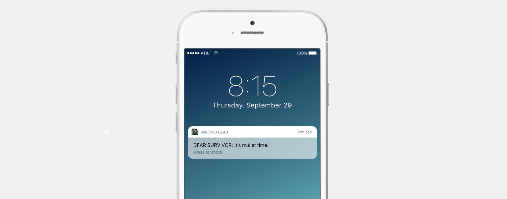 A smartphone screen displaying a notification from "Walking Dead" that reads, "DEAR SURVIVOR! It's mute time!" The time is 8:15 on September 29.