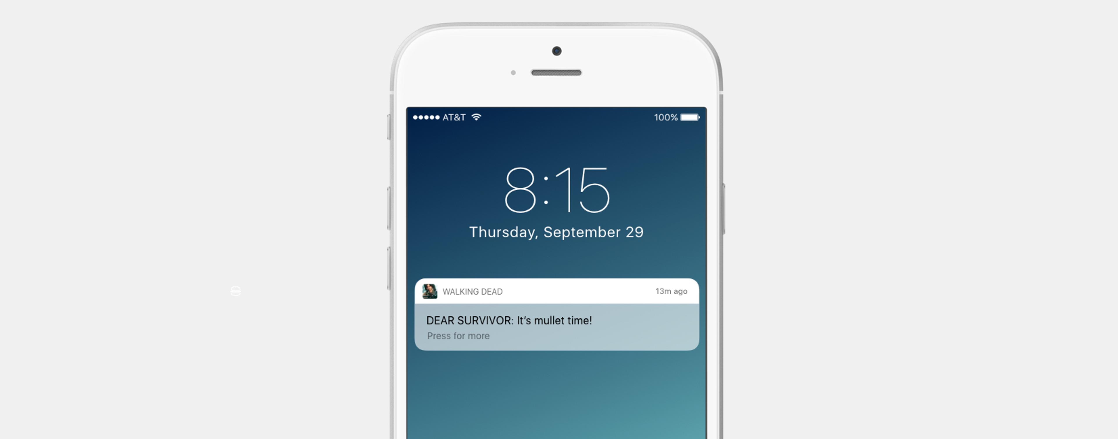 A smartphone screen displaying a notification from "Walking Dead" that reads, "DEAR SURVIVOR! It's mute time!" The time is 8:15 on September 29.