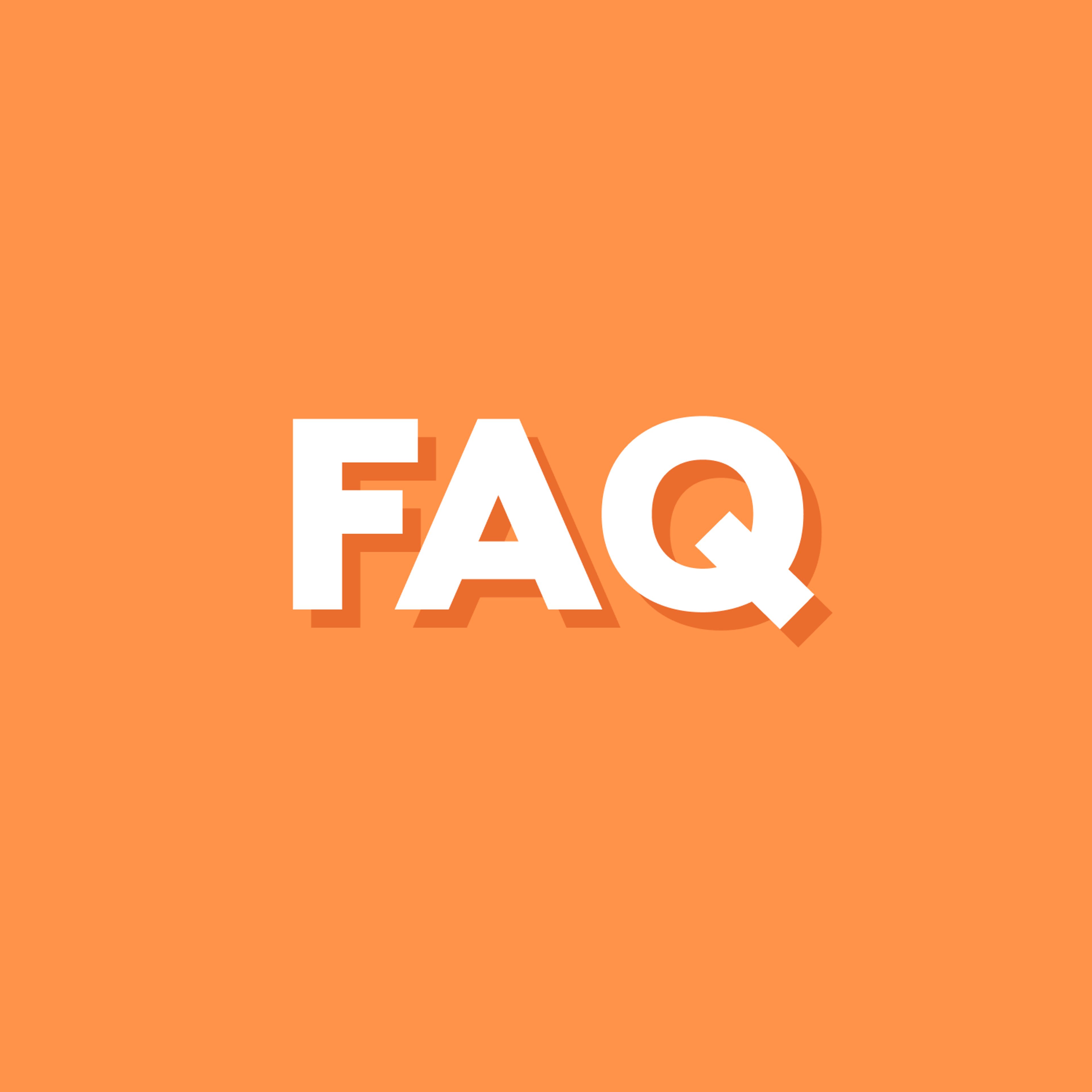 Text "FAQ" in bold white letters on an orange background.
