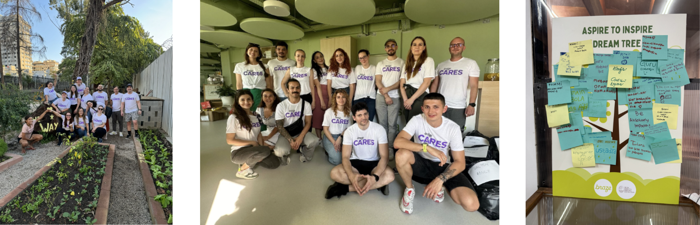 A group of people in matching t-shirts poses together in a garden and an indoor space, showcasing teamwork and community spirit. The third image features a board with colorful notes and aspirations labeled "Dream Tree.
