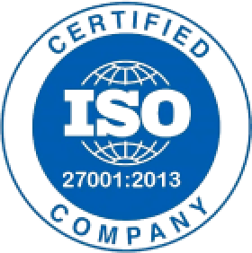 um logotipo azul e branco da empresa com certificação iso