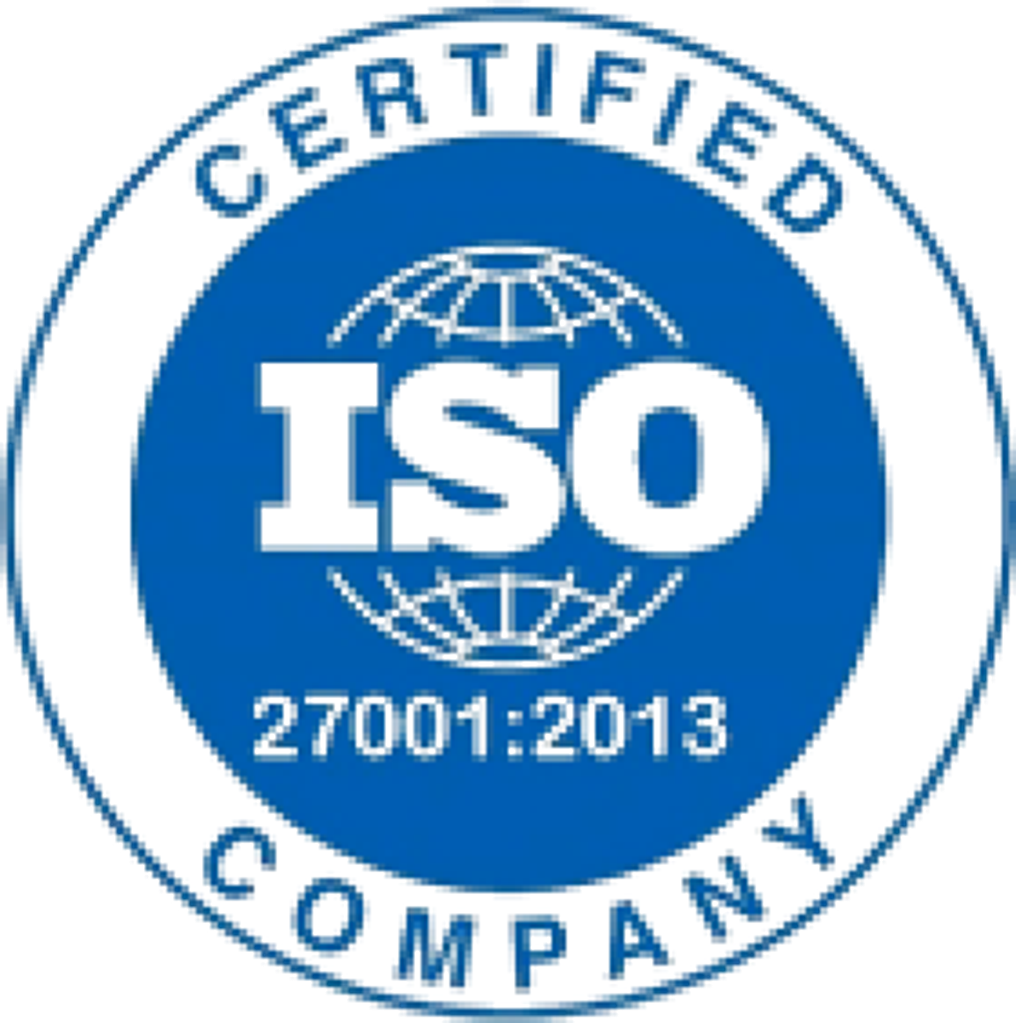 um logotipo azul e branco da empresa com certificação iso