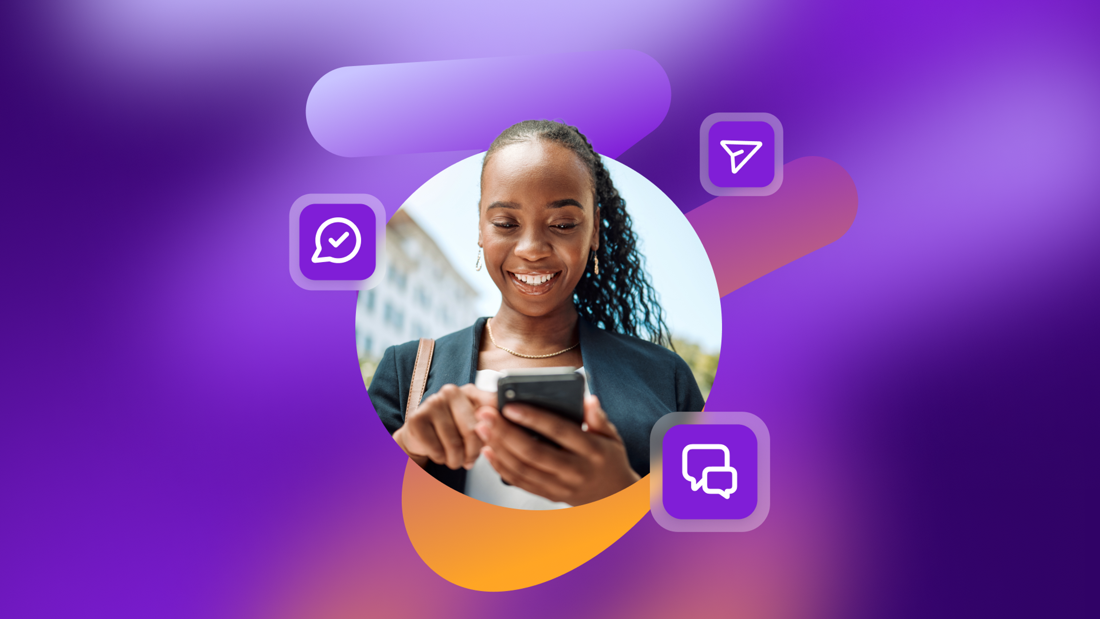 a woman is smiling while looking at her cell phone