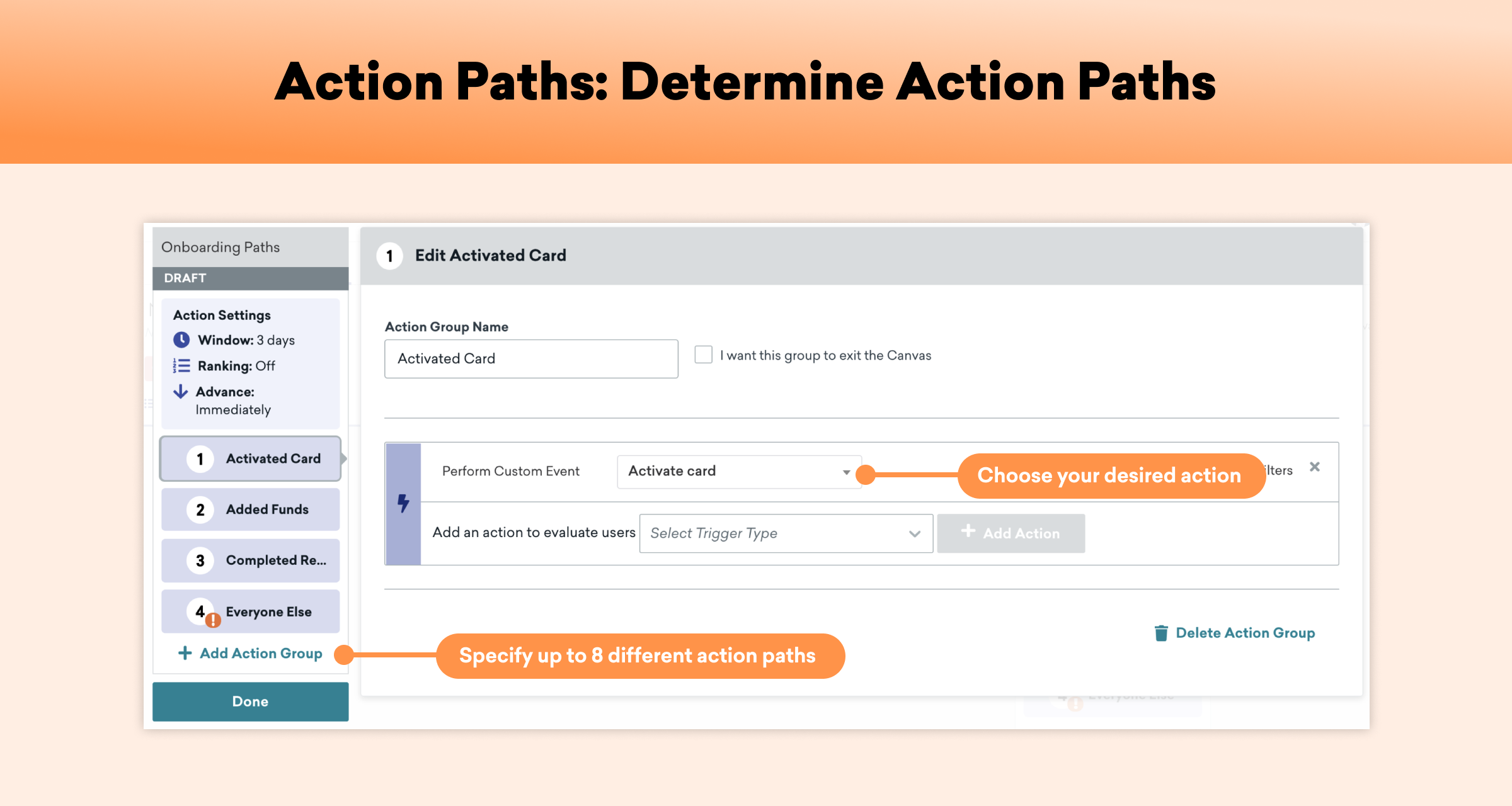 A user interface displaying options for determining action paths in an onboarding process. It includes fields for editing activated cards, choosing actions, and specifying up to eight action paths.