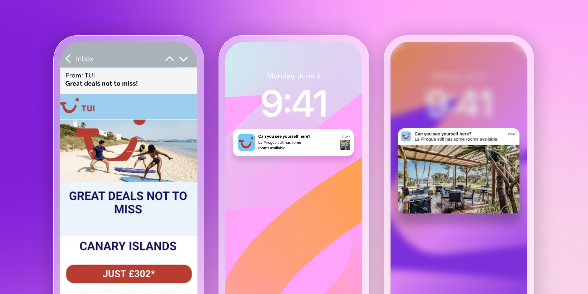 a phone screen shows a message from tui that says great deals not to miss