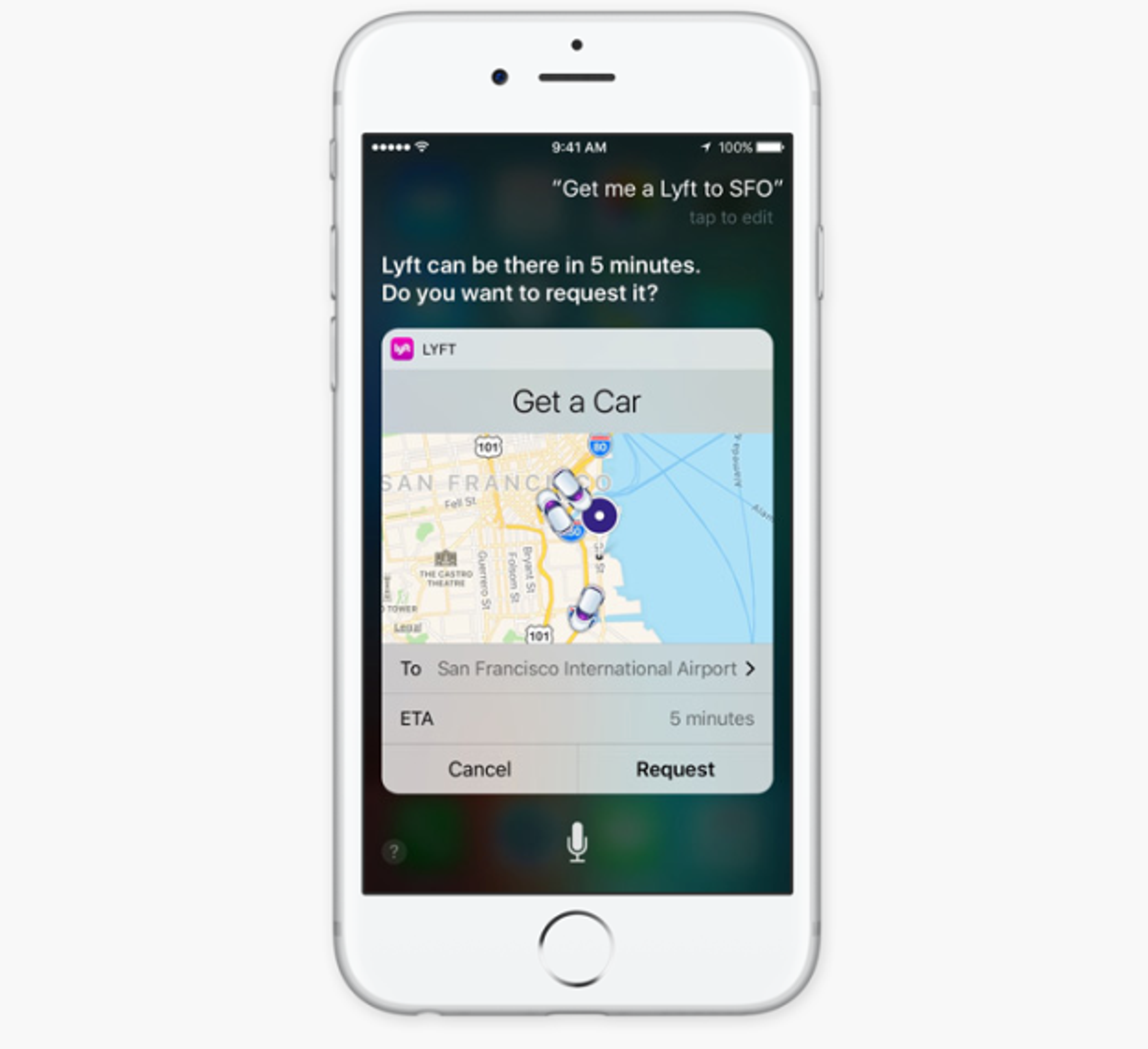 A smartphone screen displaying the Lyft app with a map showing nearby cars and an estimated arrival time of five minutes. The prompt asks if the user wants to request a ride to San Francisco International Airport.