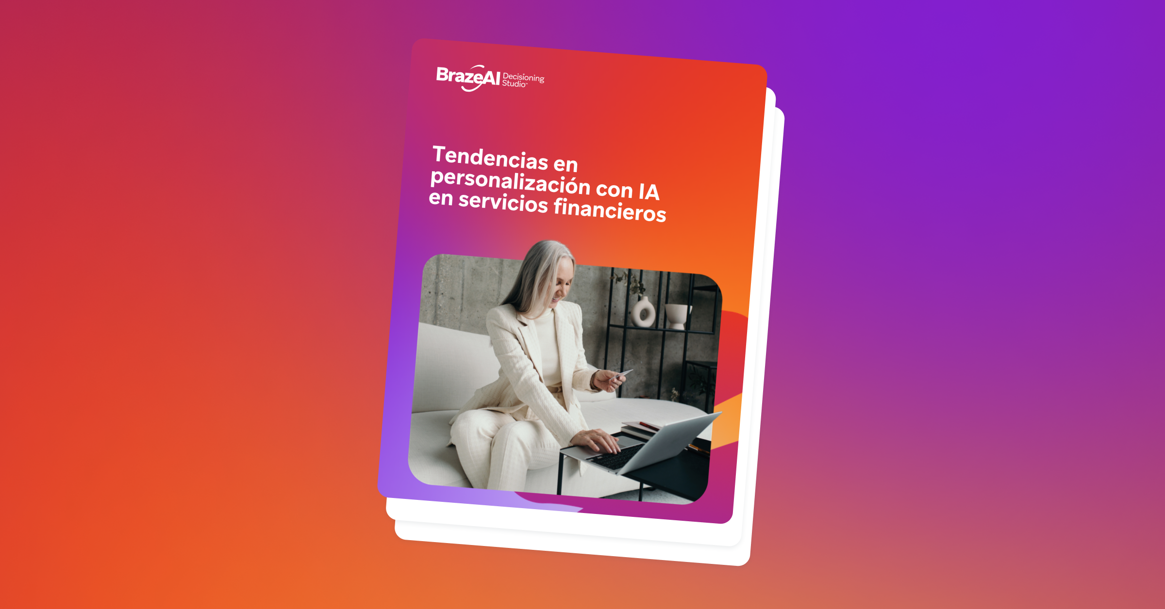 Cover of a Braze AI e-book: "Tendencias en personalización con IA en servicios financieros," featuring a woman with a laptop and credit card.