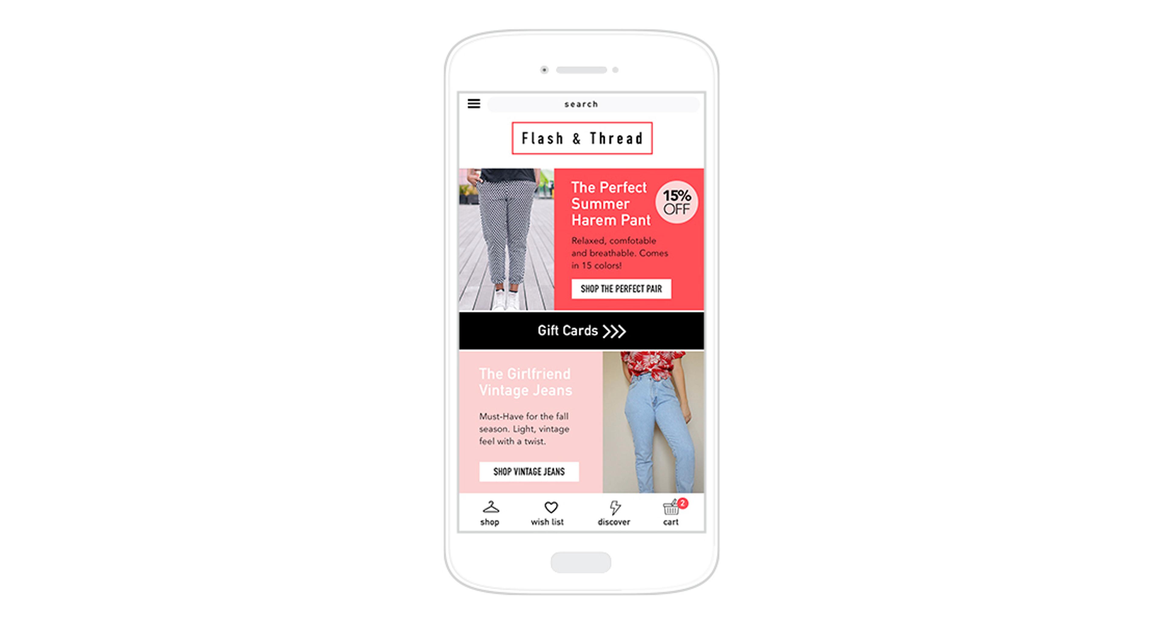 A mobile shopping app interface displaying promotions for clothing items, including a harem pant and vintage jeans, with options to shop and view gift cards.