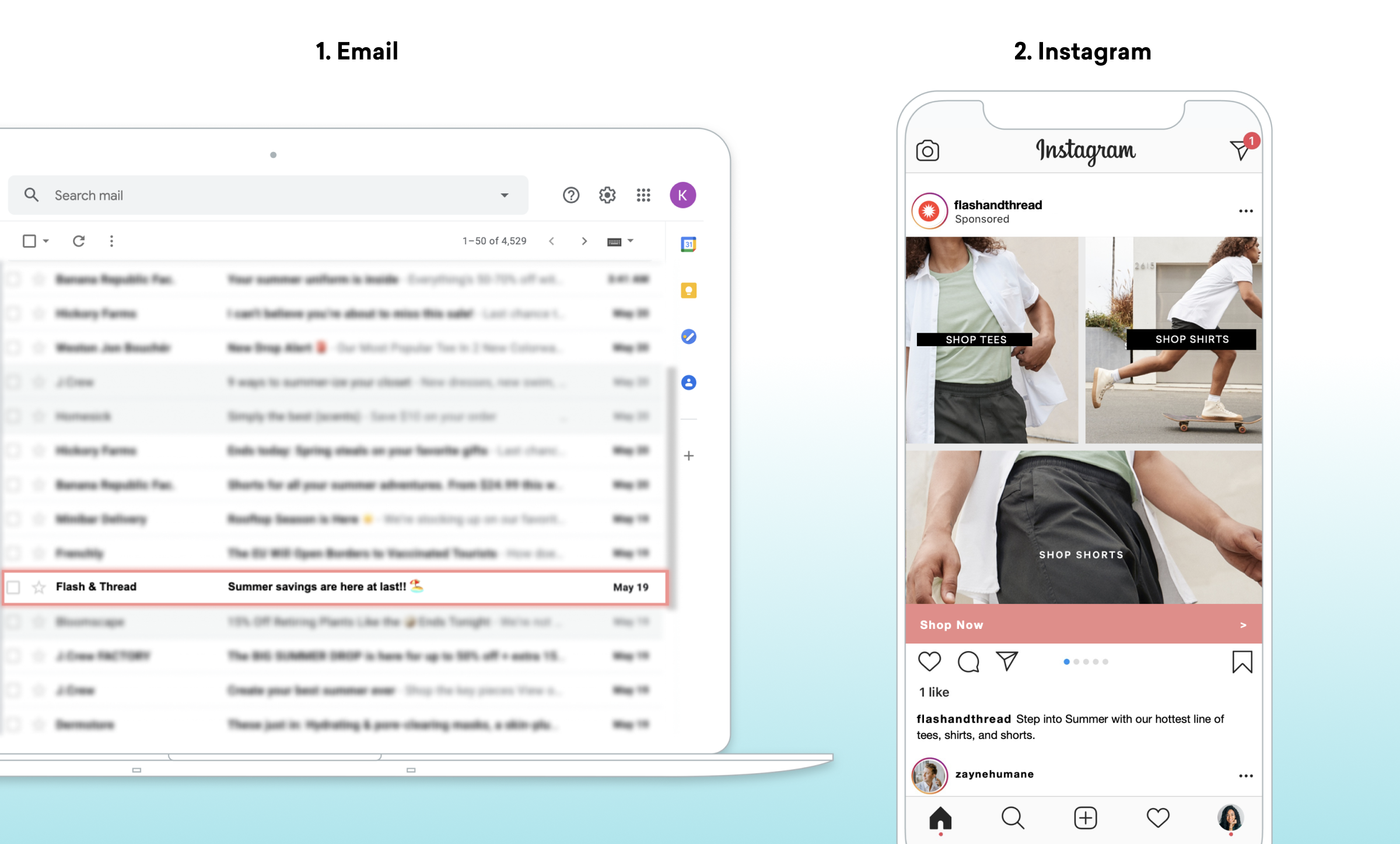 A split-screen image showing an email inbox on the left with a promotional email about summer savings, and an Instagram ad on the right featuring a model wearing shorts.