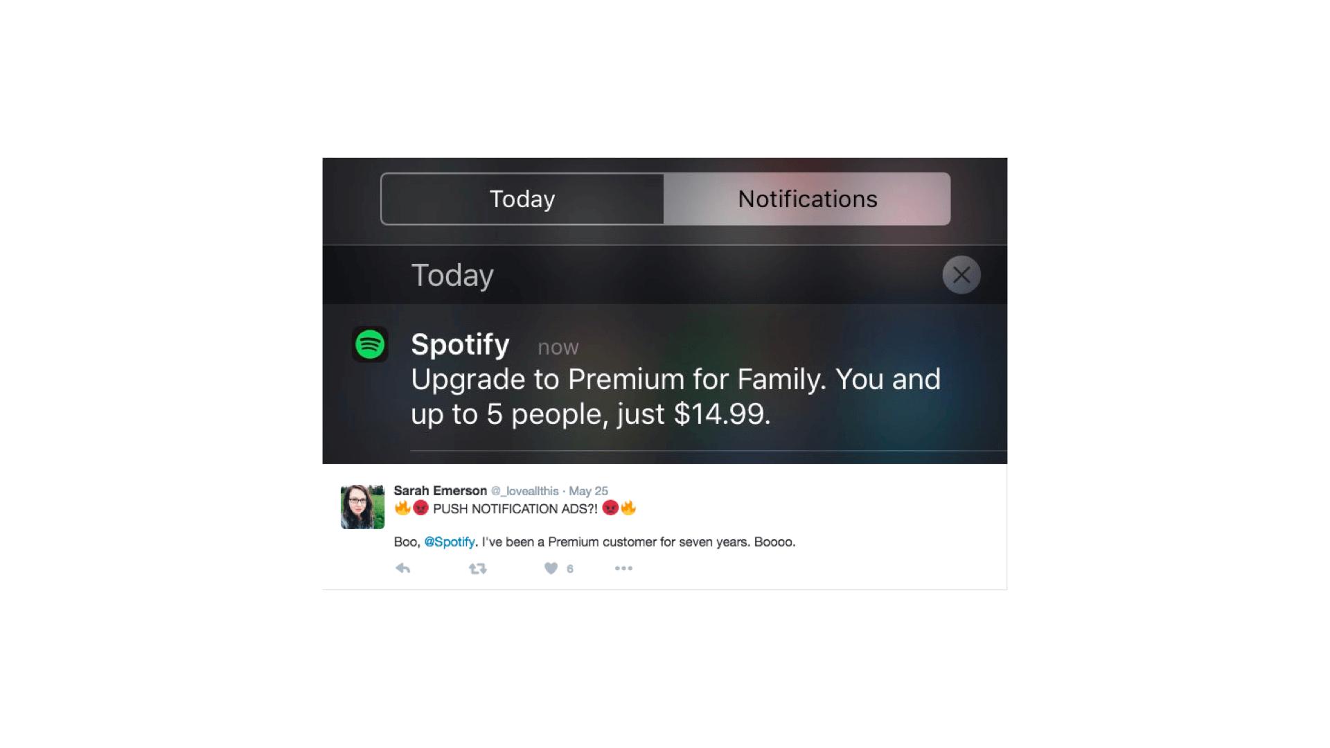 A notification from Spotify promoting a family plan upgrade for $14.99, along with a tweet expressing frustration from a user.