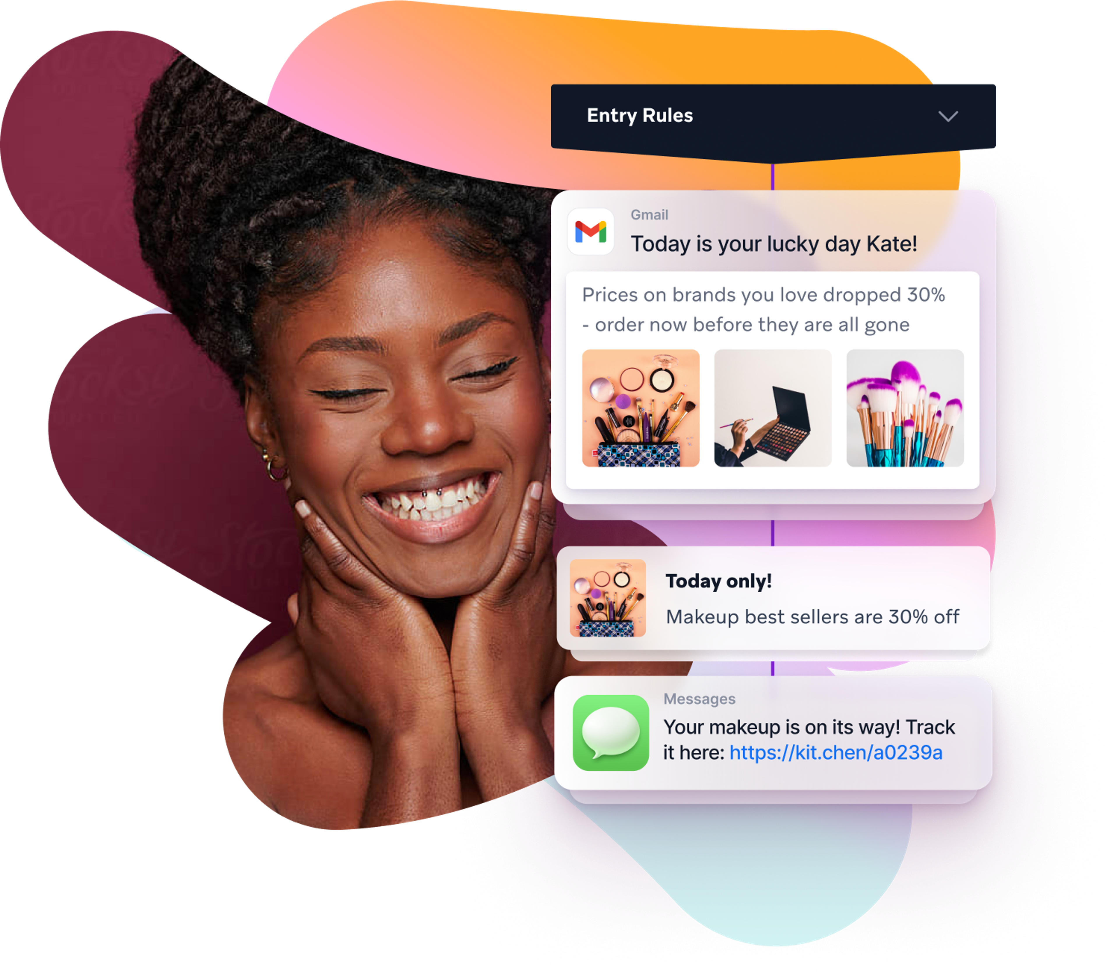 Cross-channel marketing solutions with a woman is smiling in front of a screen that says entry rules