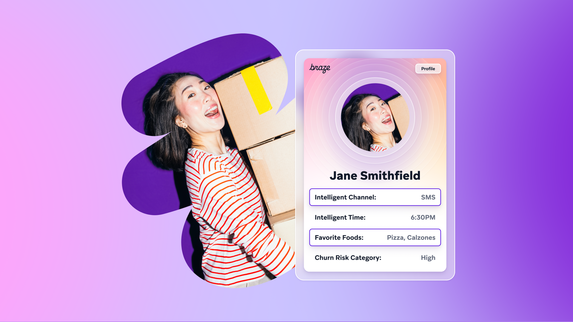 Smiling woman carrying moving boxes next to a digital profile card for 'Jane Smithfield' showing her photo, favorite foods, and 'High' churn risk.
