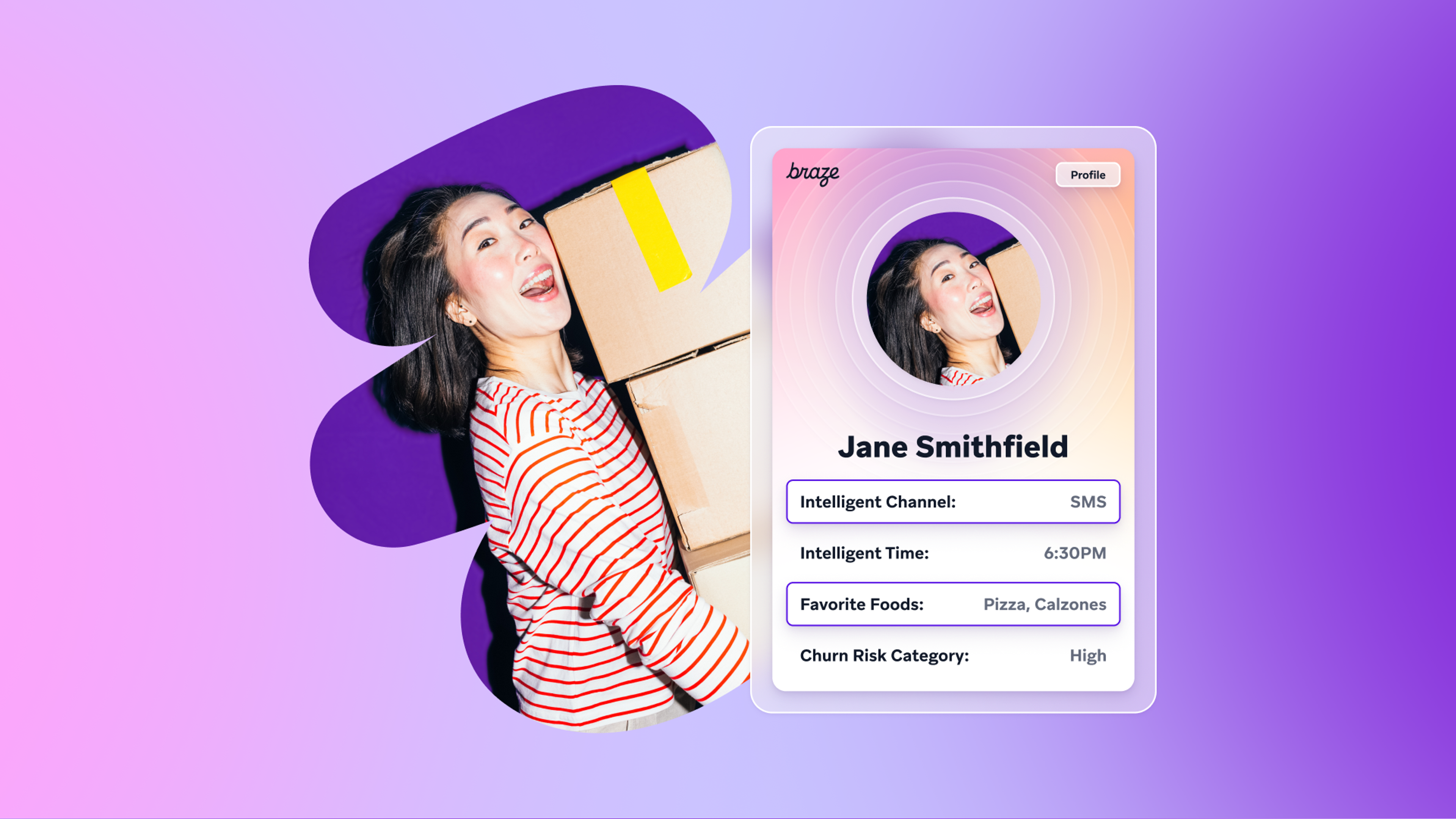 Smiling woman carrying moving boxes next to a digital profile card for 'Jane Smithfield' showing her photo, favorite foods, and 'High' churn risk.