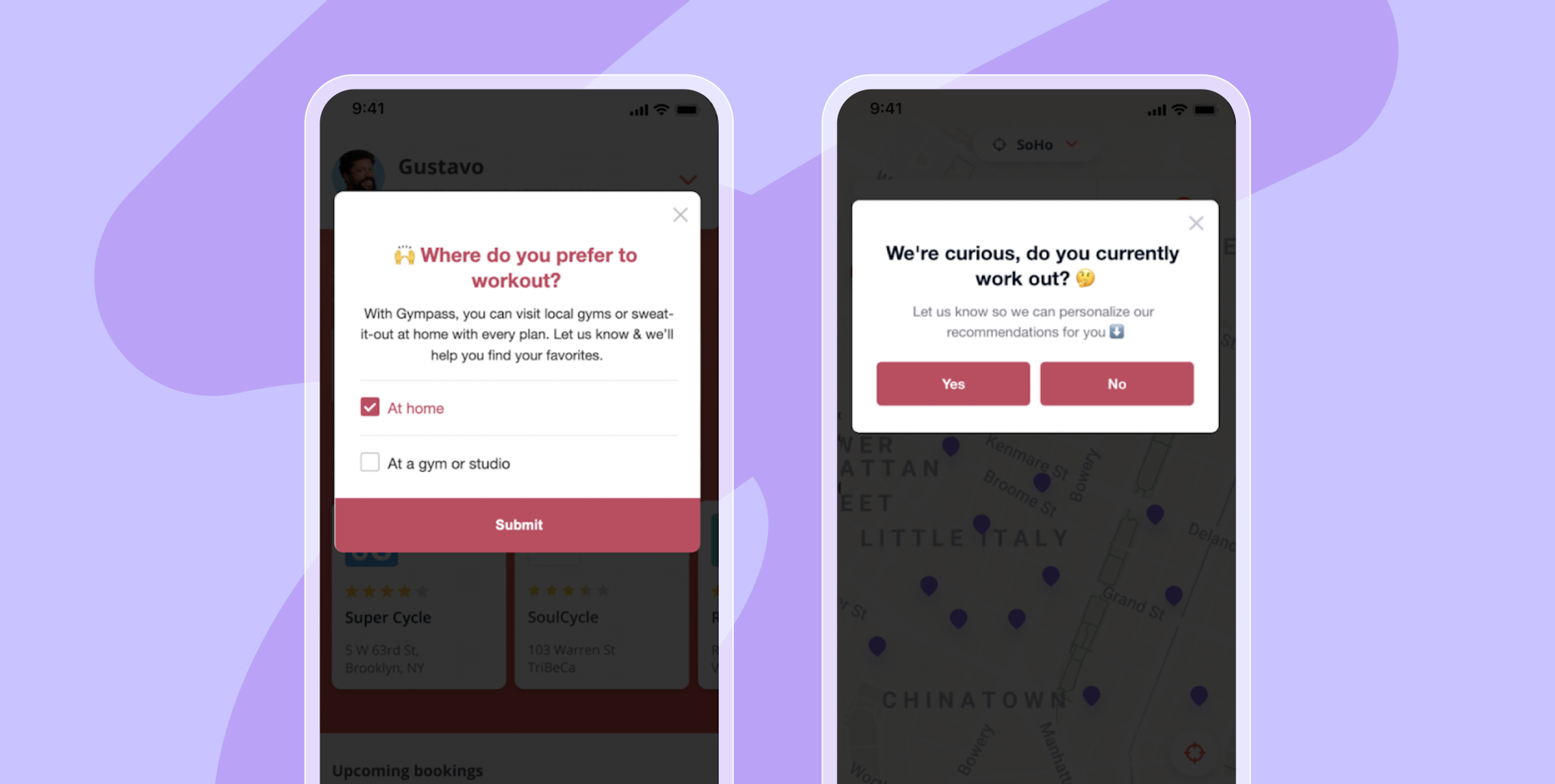 Deux écrans d'application affichant des questions sur les préférences d'entraînement, avec des options pour choisir un lieu de sport. Un fond violet est visible derrière les téléphones.