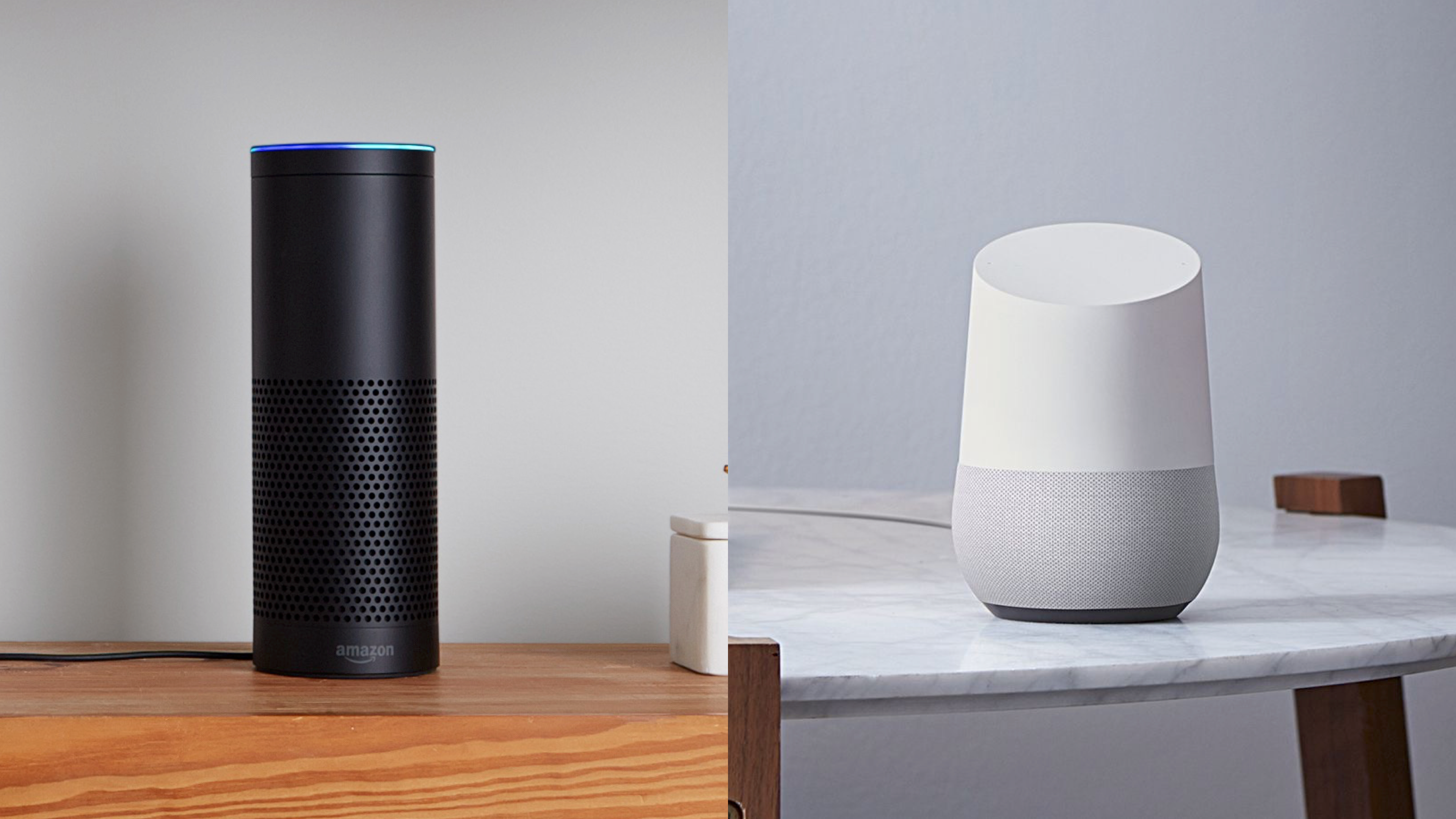 A black Amazon Echo device on a wooden surface next to a white Google Home device on a marble table.