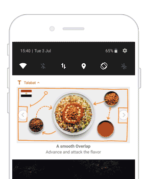 A smartphone screen displaying an image of a bowl of food with various toppings and sauces, accompanied by arrows indicating flavor combinations. The text below reads "A smooth Overlap" and "Advance and attack the flavor.