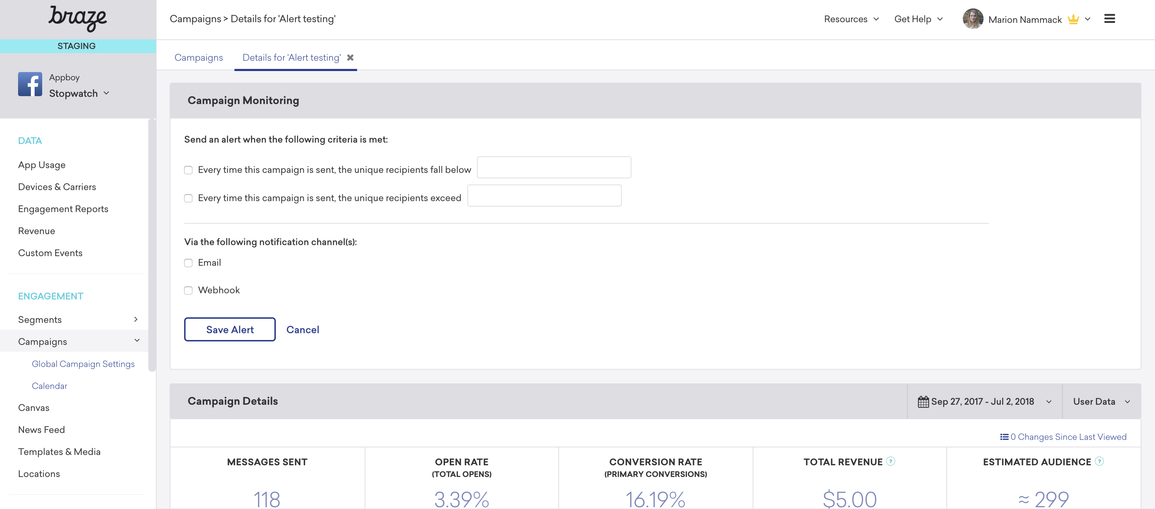 A screenshot of a campaign monitoring interface in a marketing tool, showing options to set alerts based on campaign criteria and details about the campaign's performance metrics.