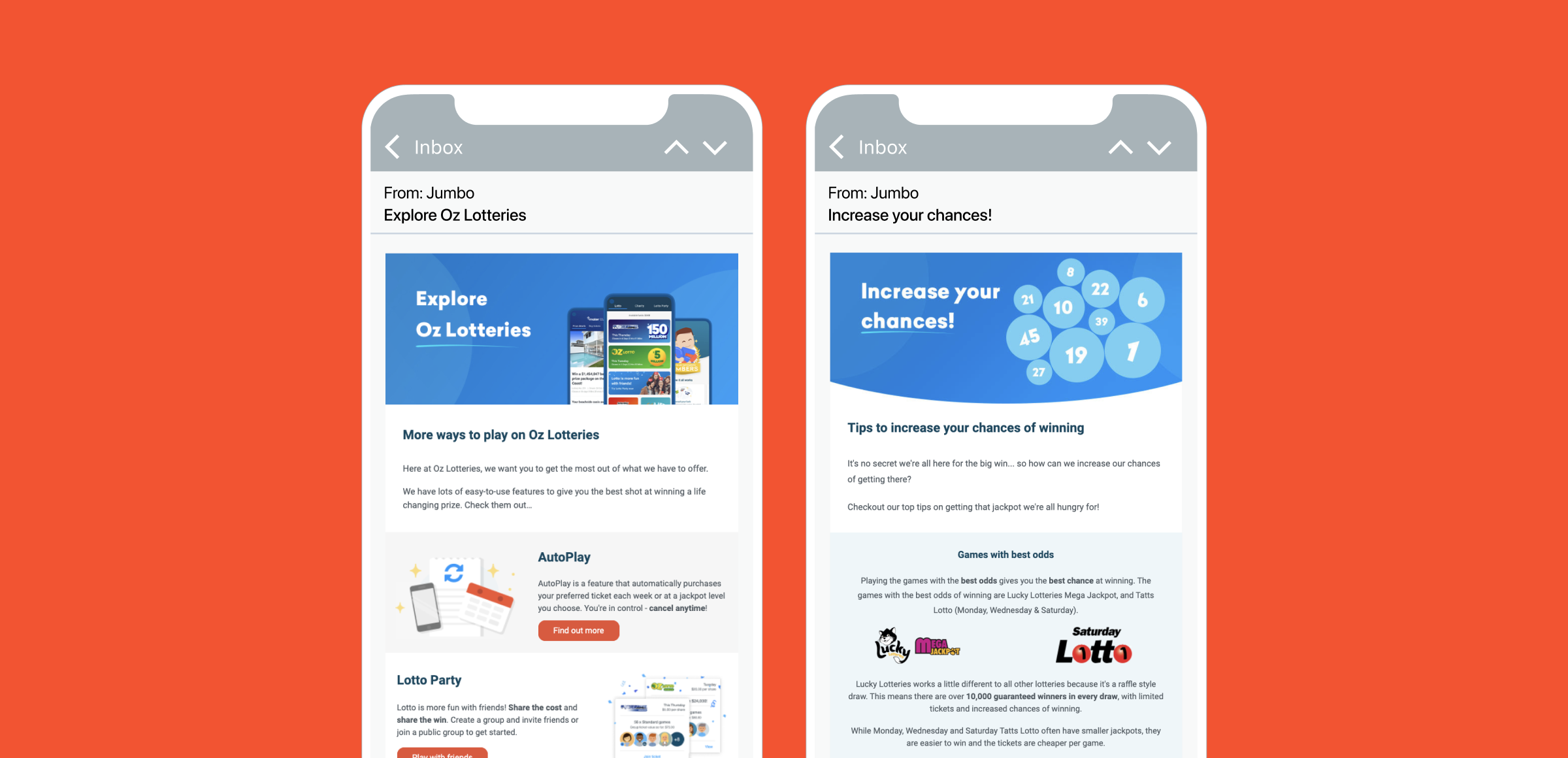 Two smartphone screens displaying email newsletters about lottery options. The left screen promotes exploring lottery games, while the right screen offers tips to increase chances of winning.