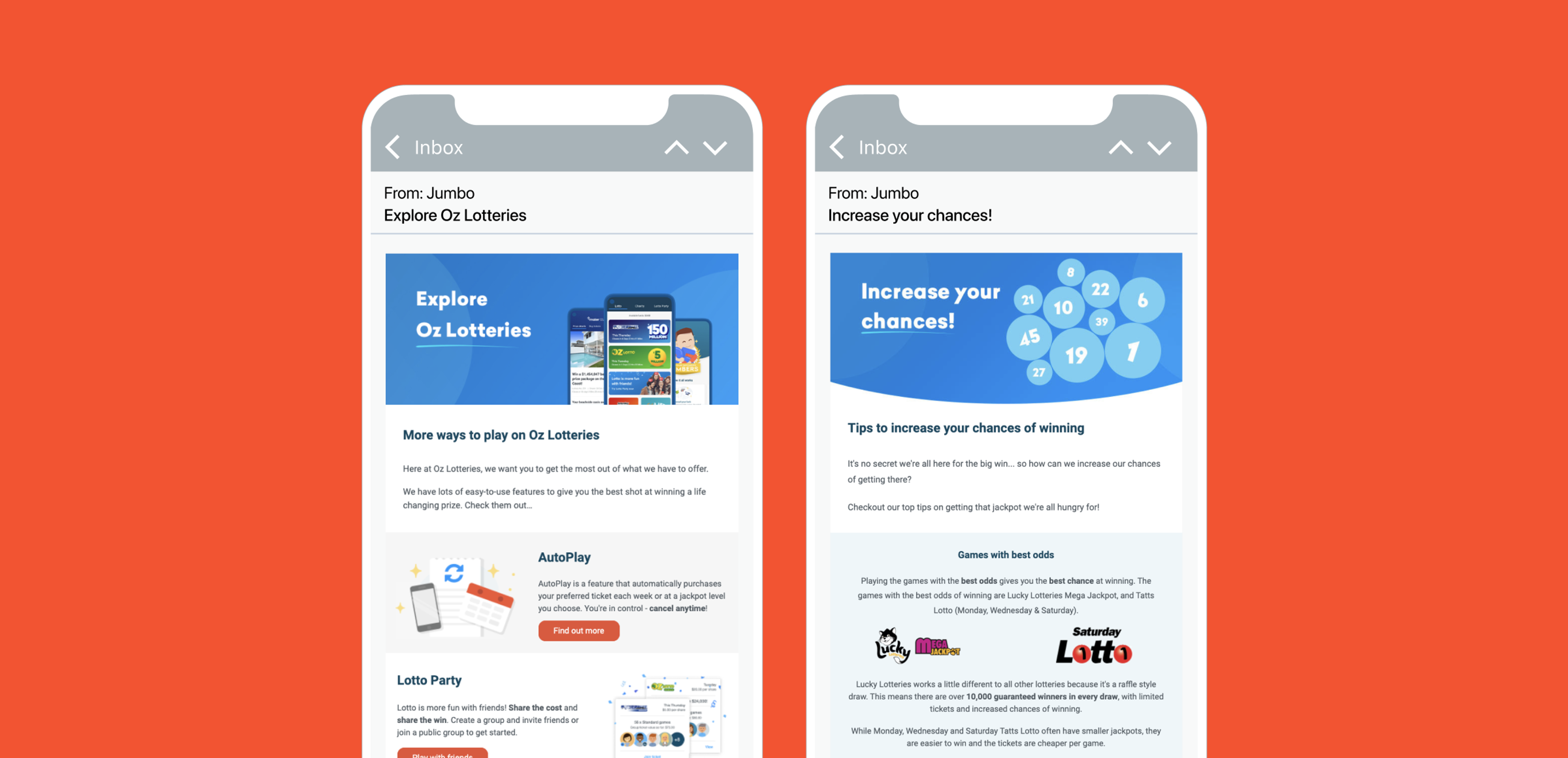 Two smartphone screens displaying email newsletters about lottery options. The left screen promotes exploring lottery games, while the right screen offers tips to increase chances of winning.
