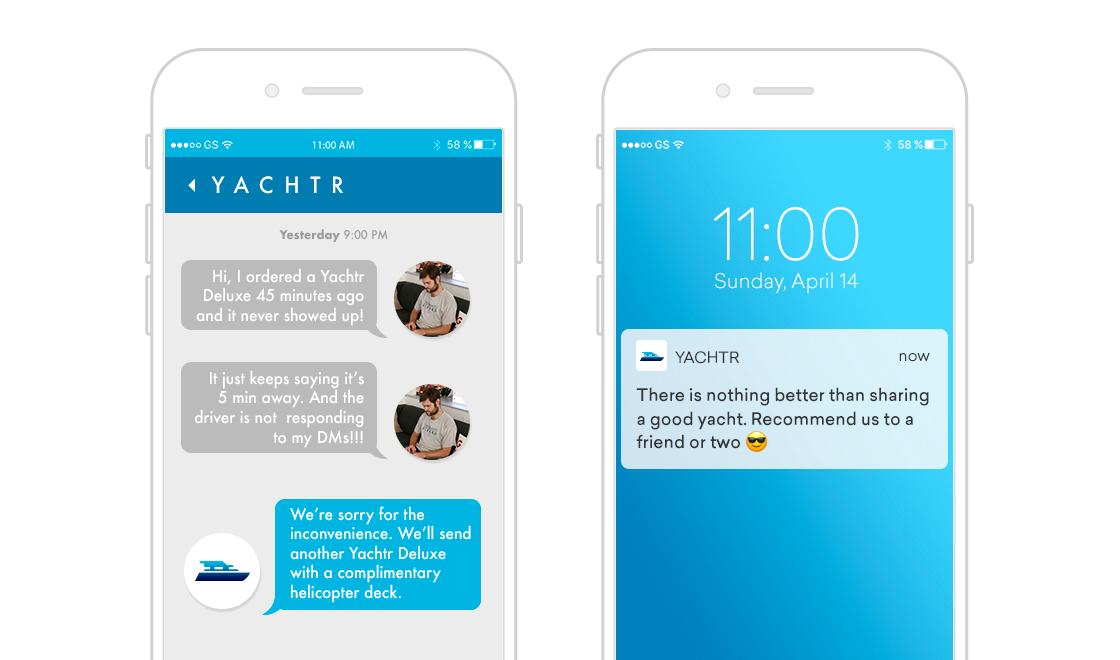 A smartphone screen displays a messaging conversation about a YachtR Deluxe order and a notification suggesting to recommend the service to a friend.