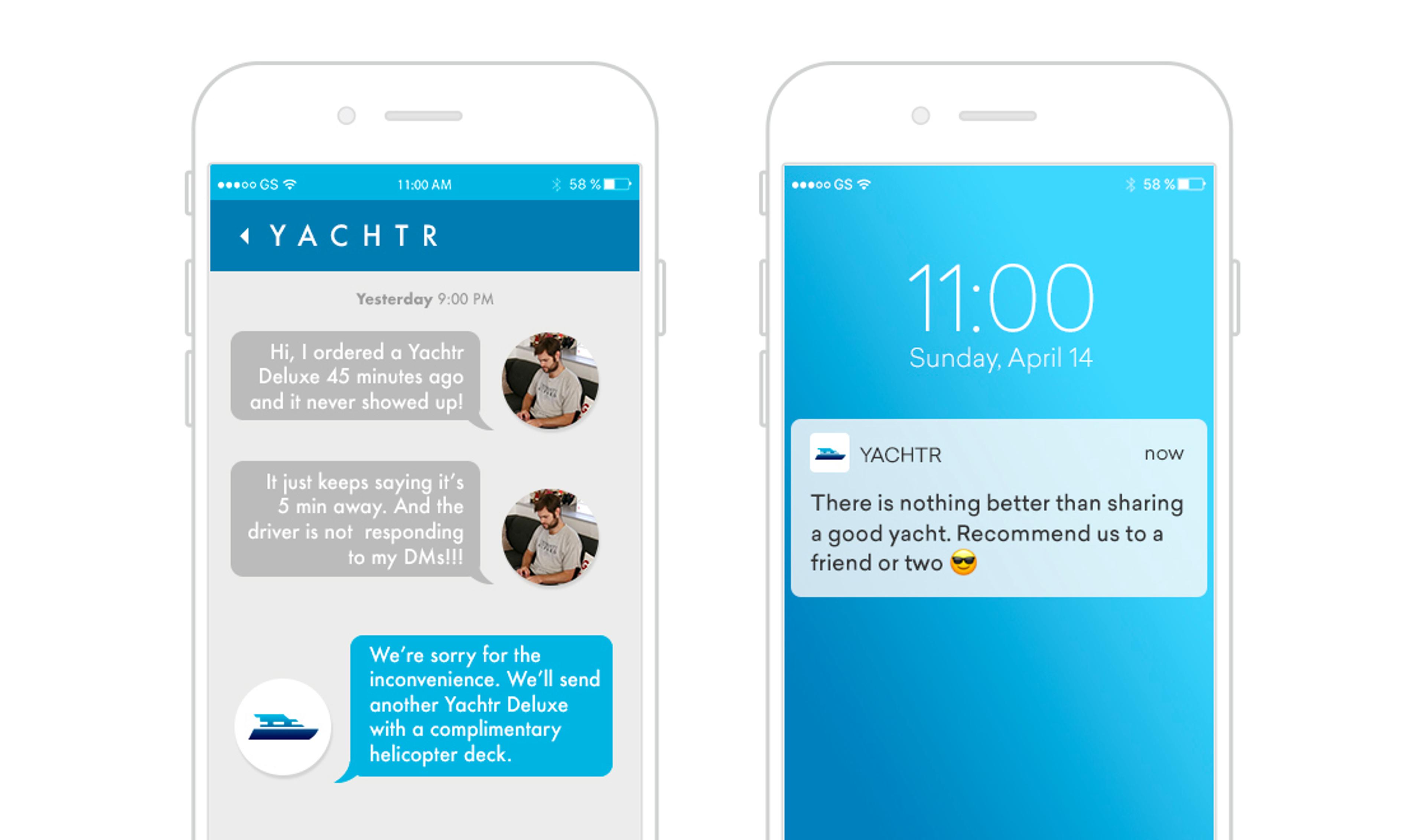 A smartphone screen displays a messaging conversation about a YachtR Deluxe order and a notification suggesting to recommend the service to a friend.