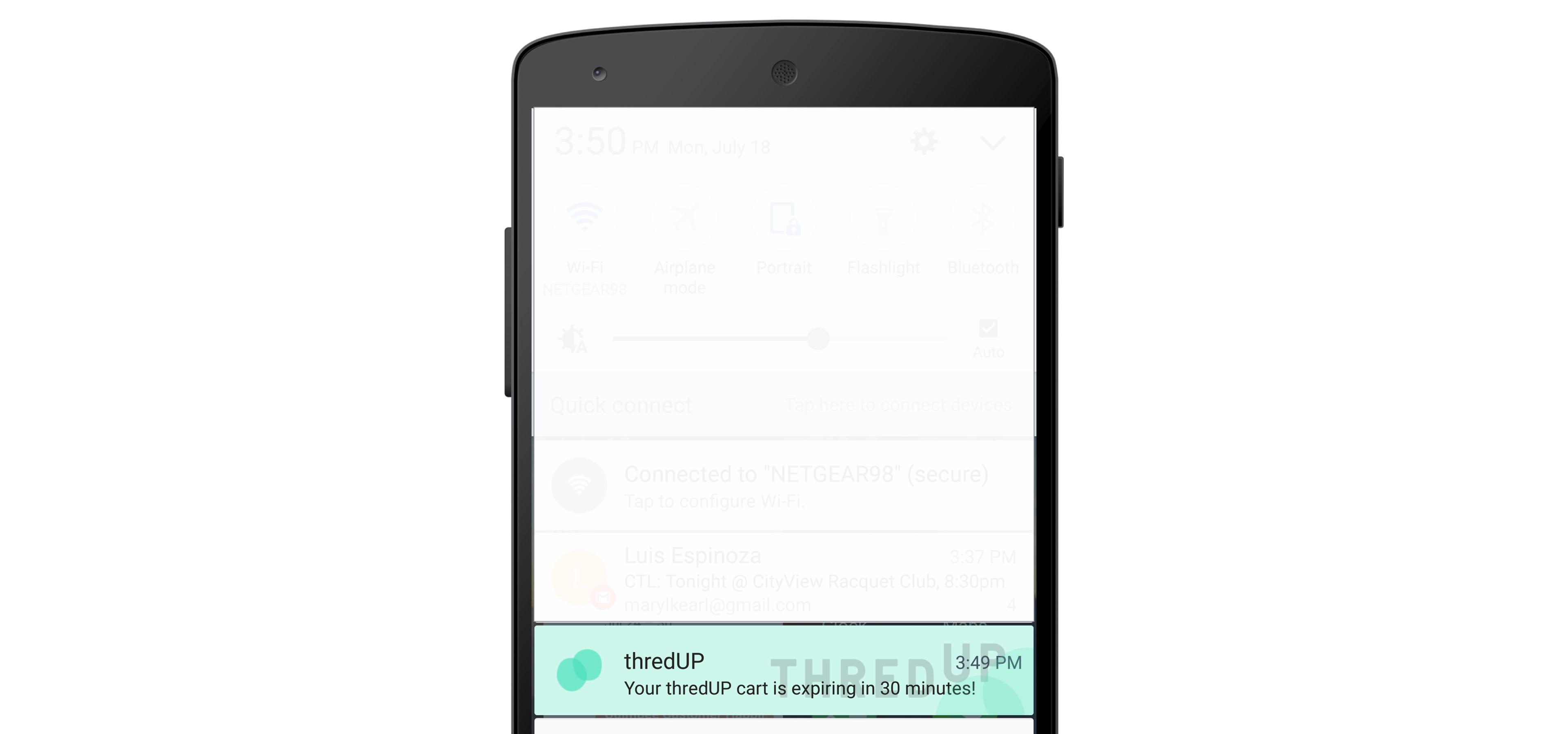 A smartphone screen displaying a notification from thredUP about an expiring shopping cart. The time shown is 3:49 PM.