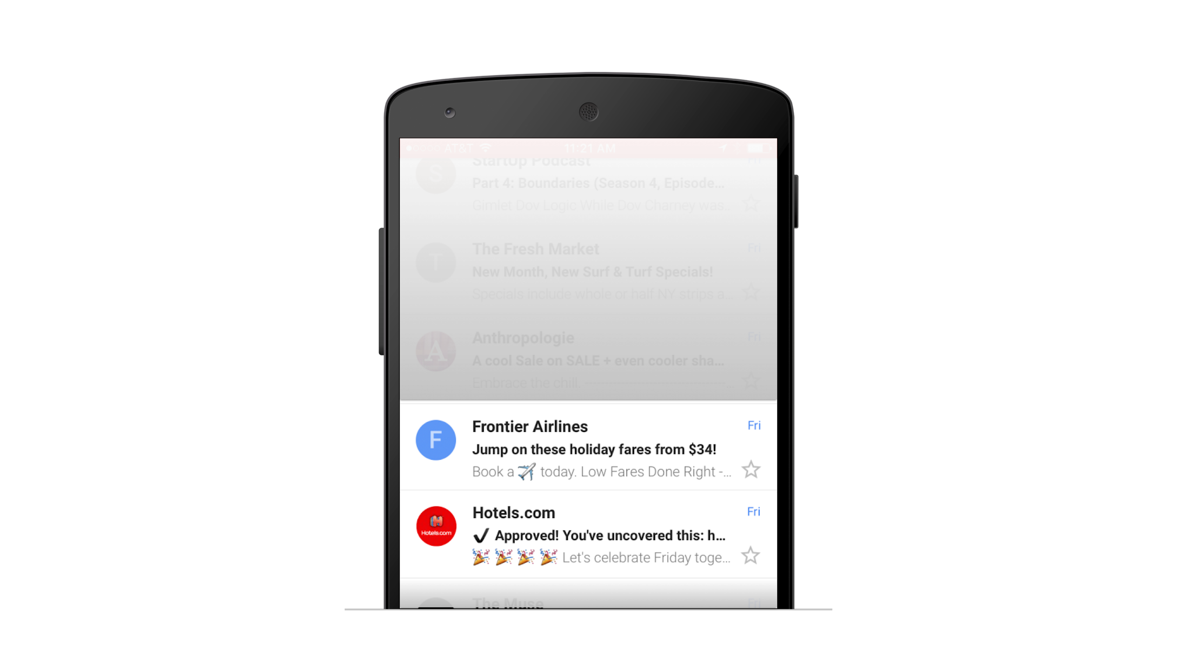 A smartphone screen displaying an email inbox with messages from Frontier Airlines and Hotels.com. The emails highlight holiday fares and a promotional offer.