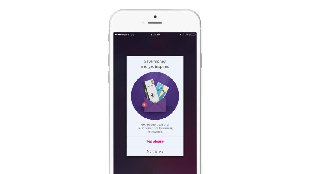 A smartphone screen displaying a notification about saving money and getting inspired, with options to accept or decline.
