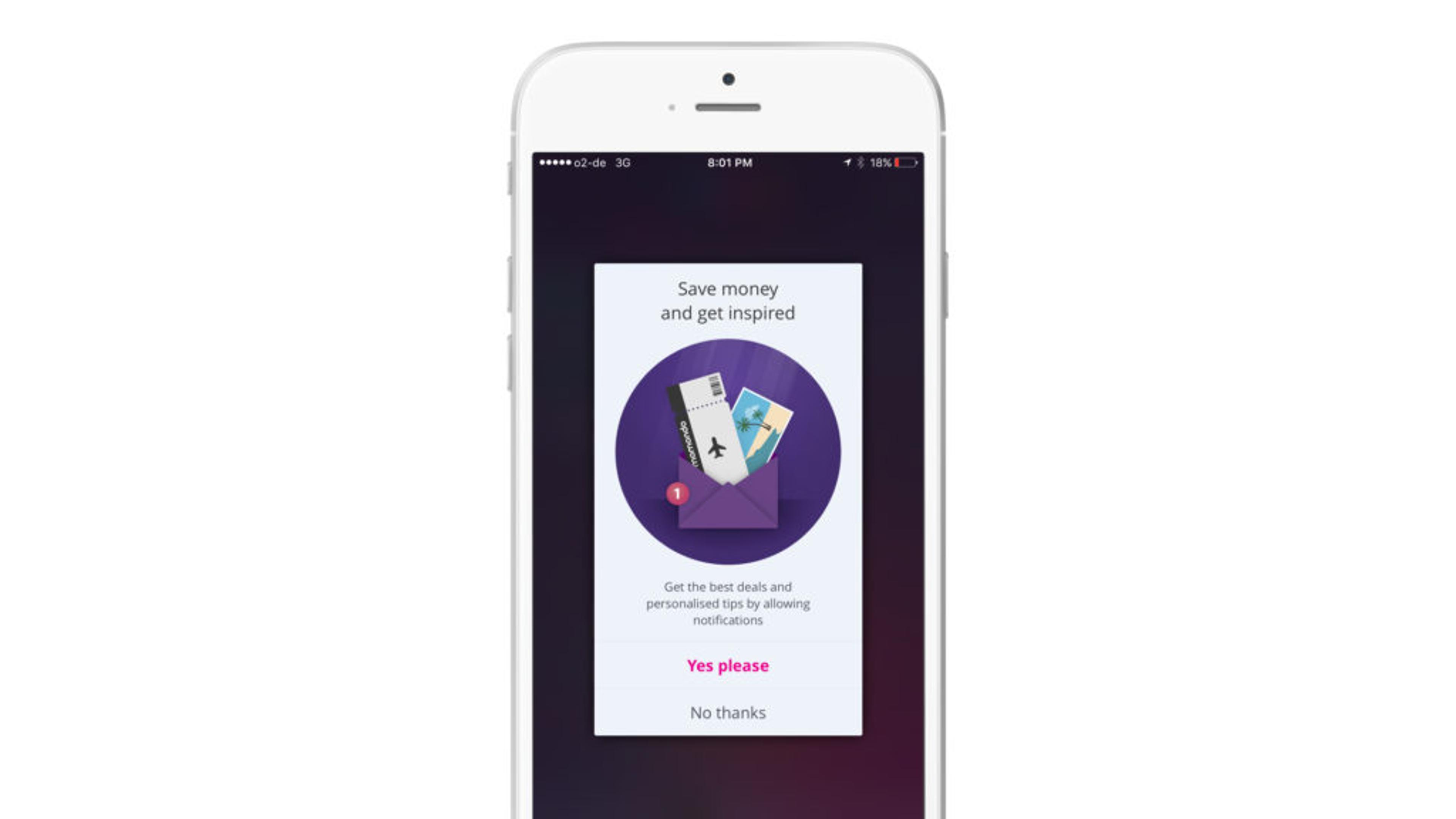 A smartphone screen displaying a notification about saving money and getting inspired, with options to accept or decline.