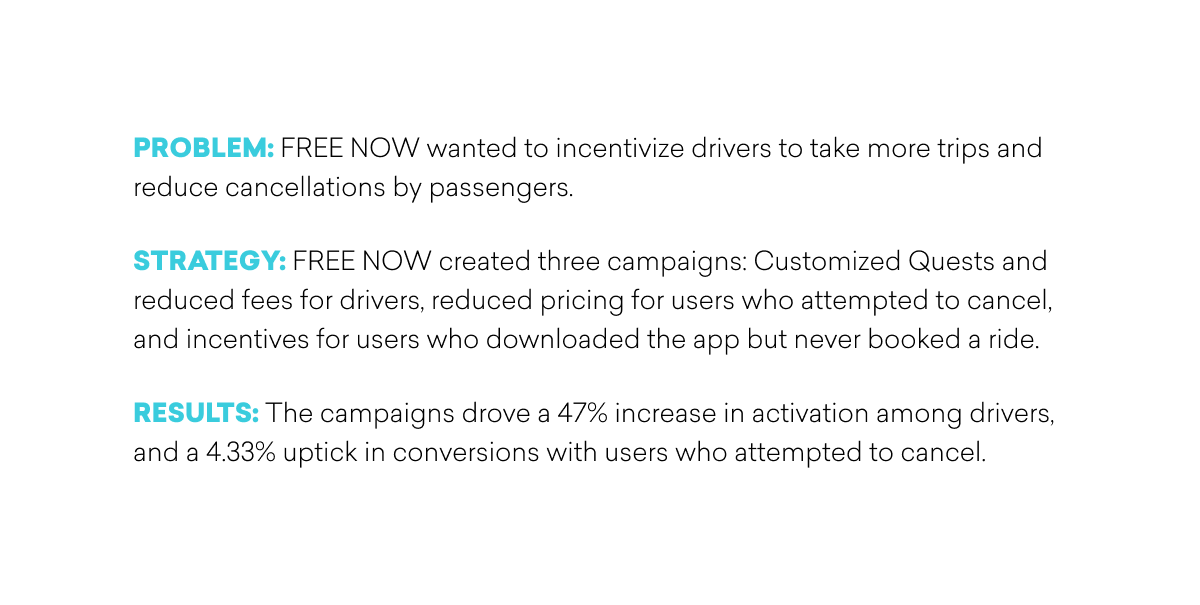 Texte décrivant un problème, une stratégie et des résultats concernant des campagnes de marketing pour inciter les conducteurs à prendre plus de trajets et réduire les annulations.
