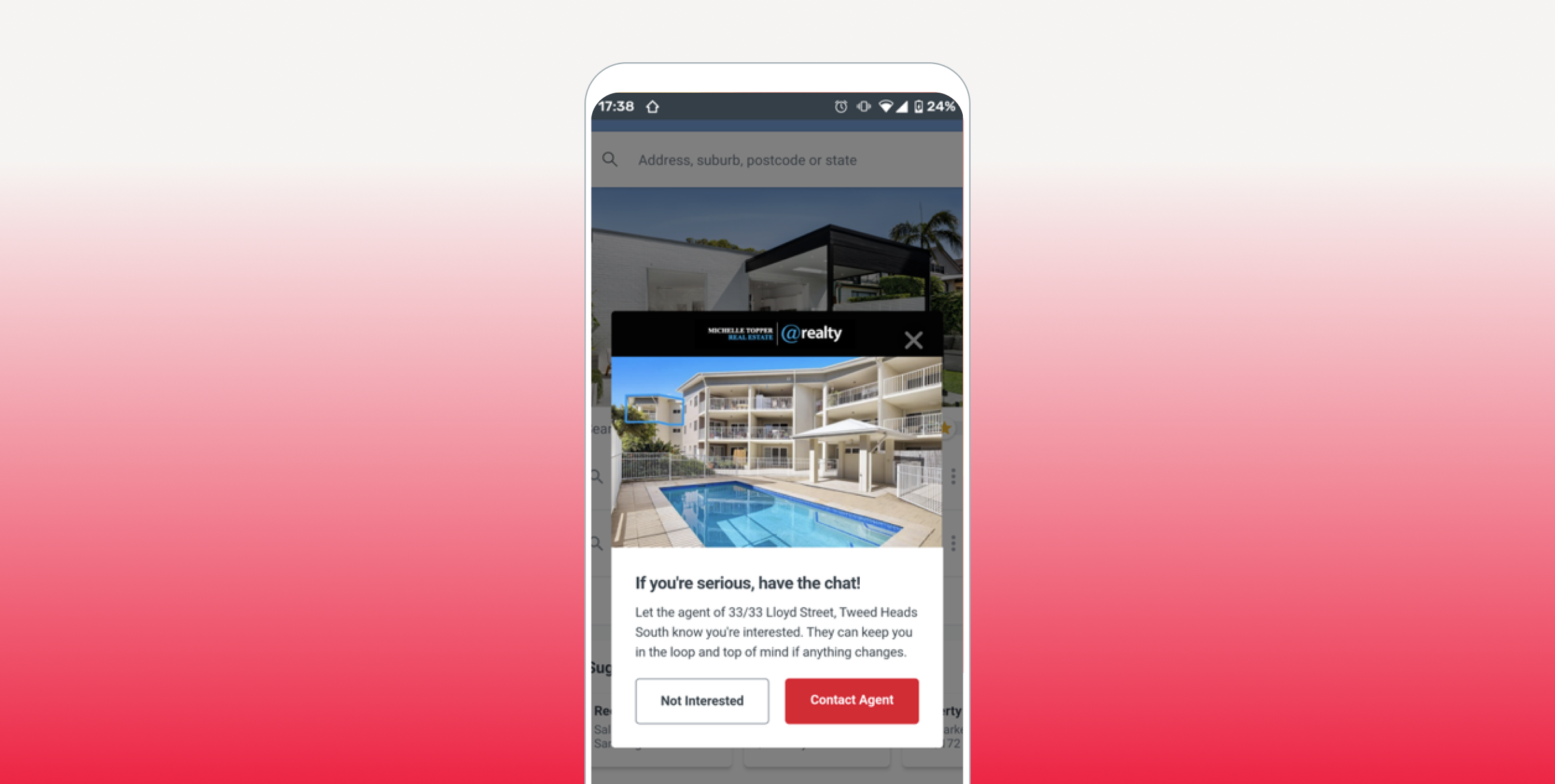 A smartphone screen displaying a real estate advertisement with a swimming pool and a message prompting users to contact an agent. The background fades from white to red.