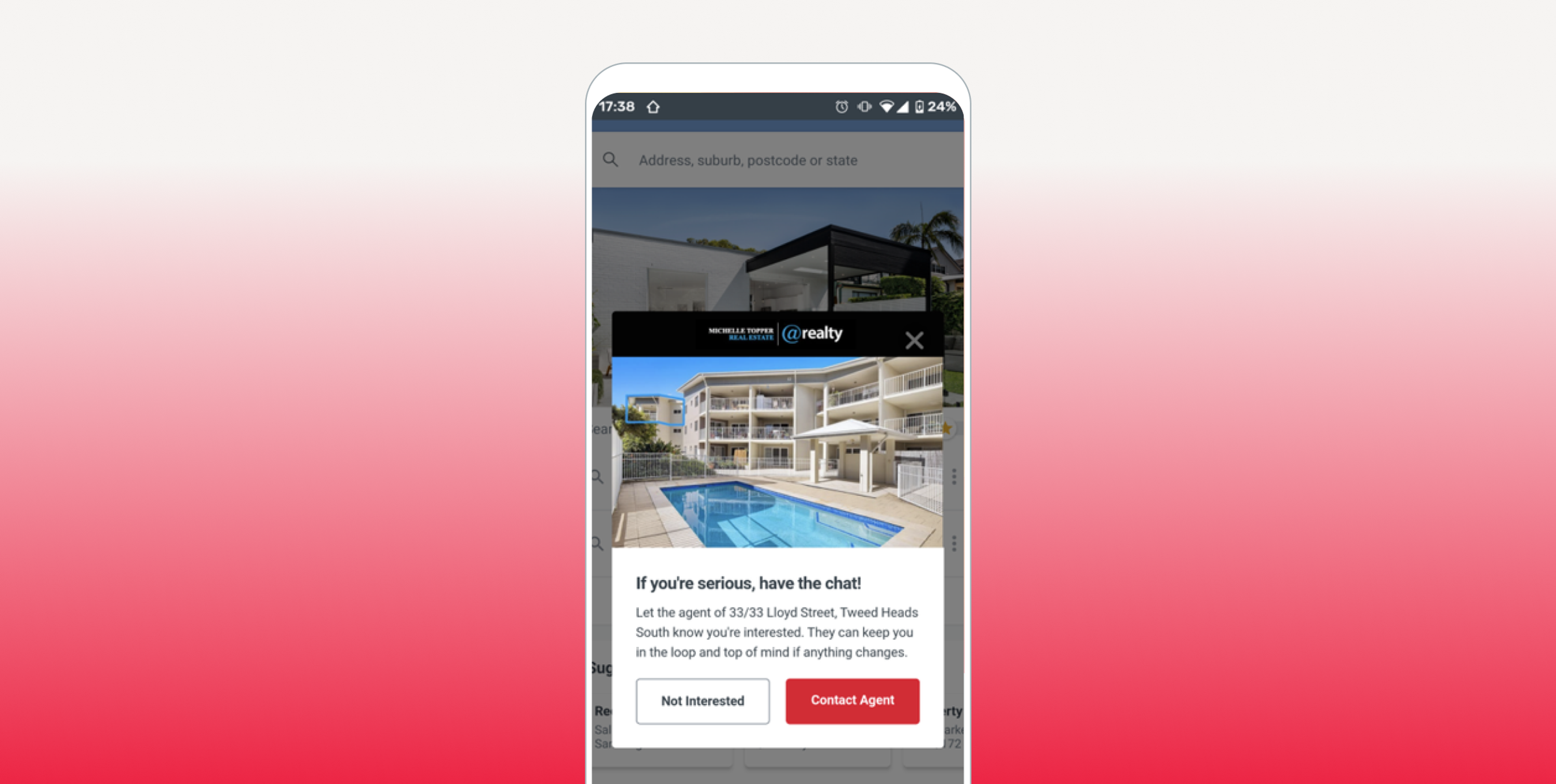 A smartphone screen displaying a real estate advertisement with a swimming pool and a message prompting users to contact an agent. The background fades from white to red.