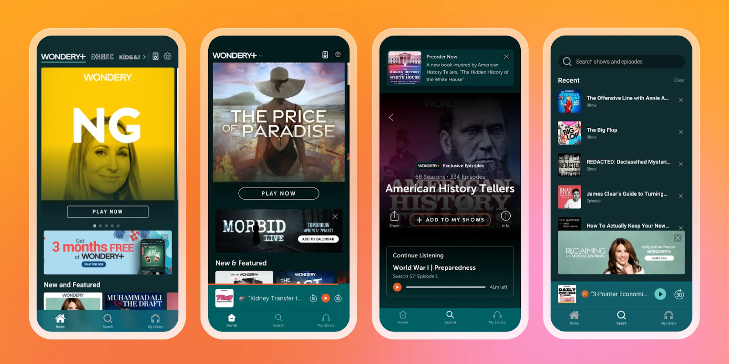 Four mobile phones displaying Wondery+ podcast app interfaces with various shows and features.