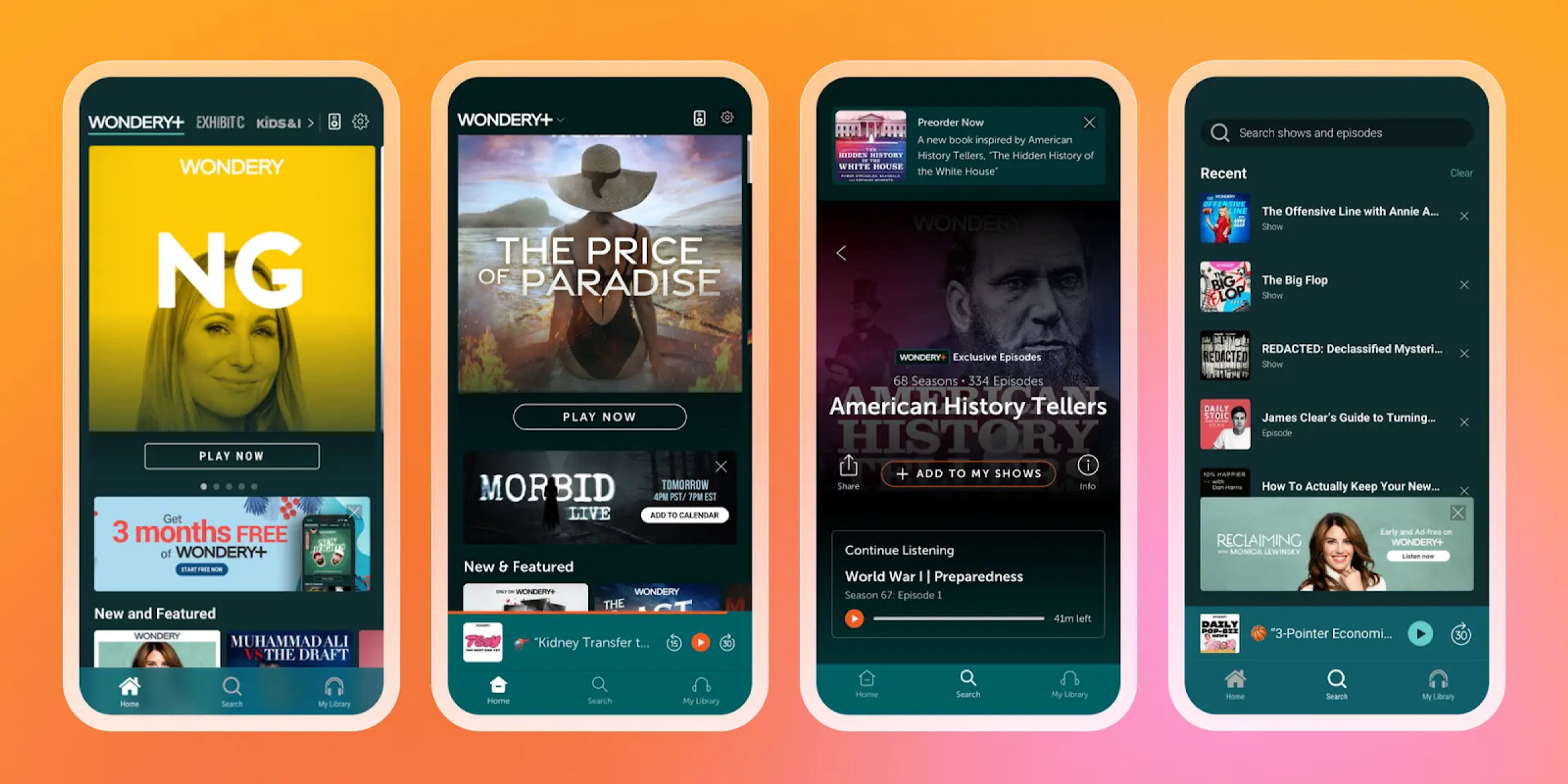 Four mobile phones displaying Wondery+ podcast app interfaces with various shows and features.