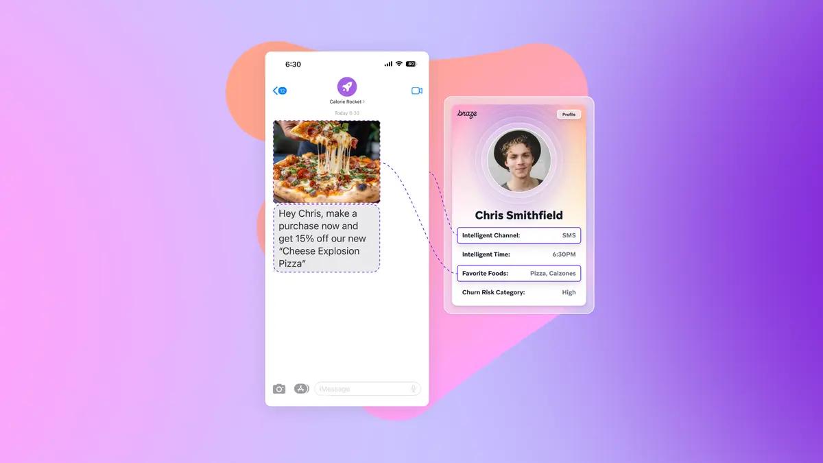 Um celular exibe um anúncio de pizza em uma mensagem, vinculada a um cartão de perfil de usuário personalizado com dados como "Comidas favoritas: Pizza".