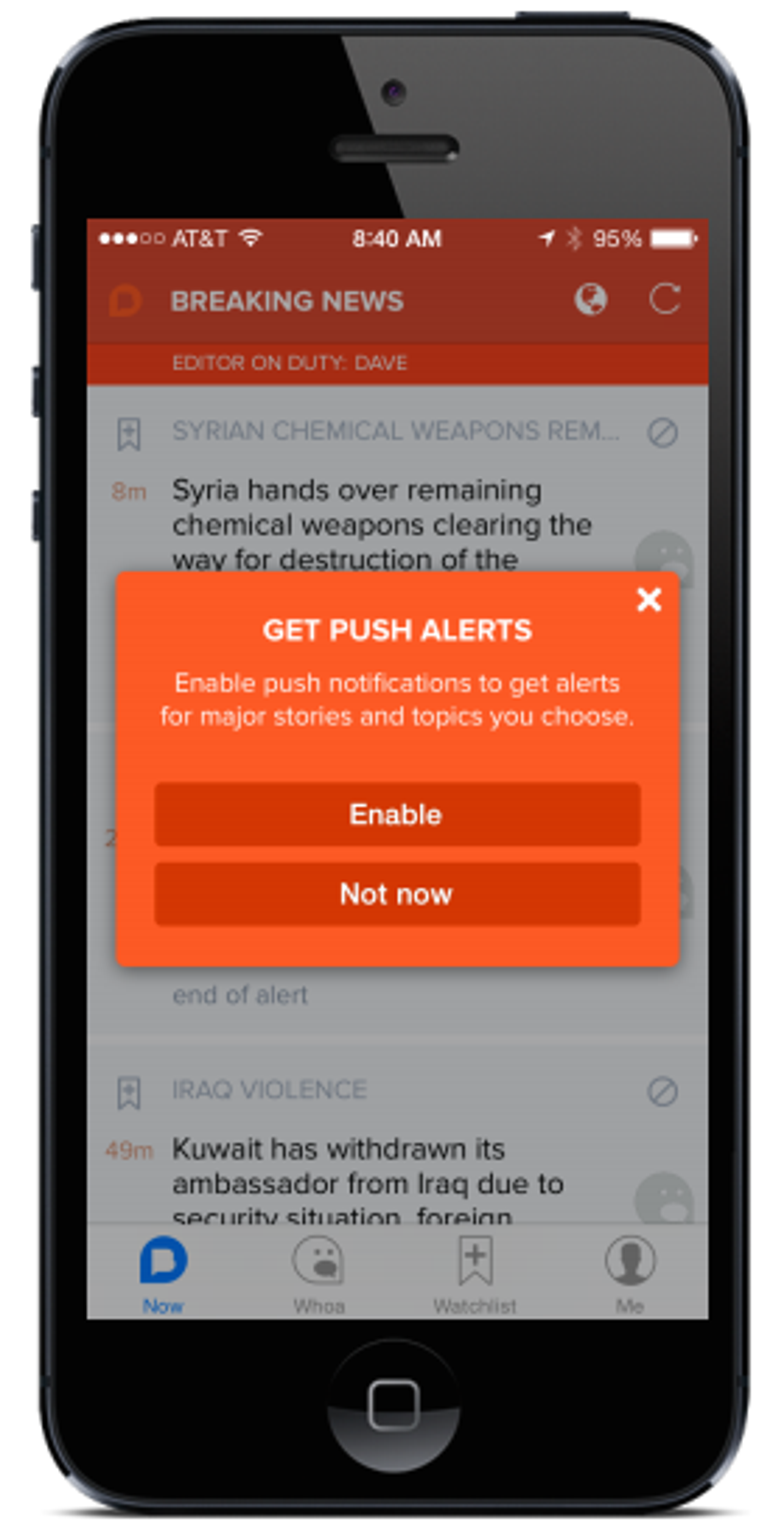 A smartphone screen displaying a news app with a breaking news alert about Syrian chemical weapons and an option to enable push notifications.