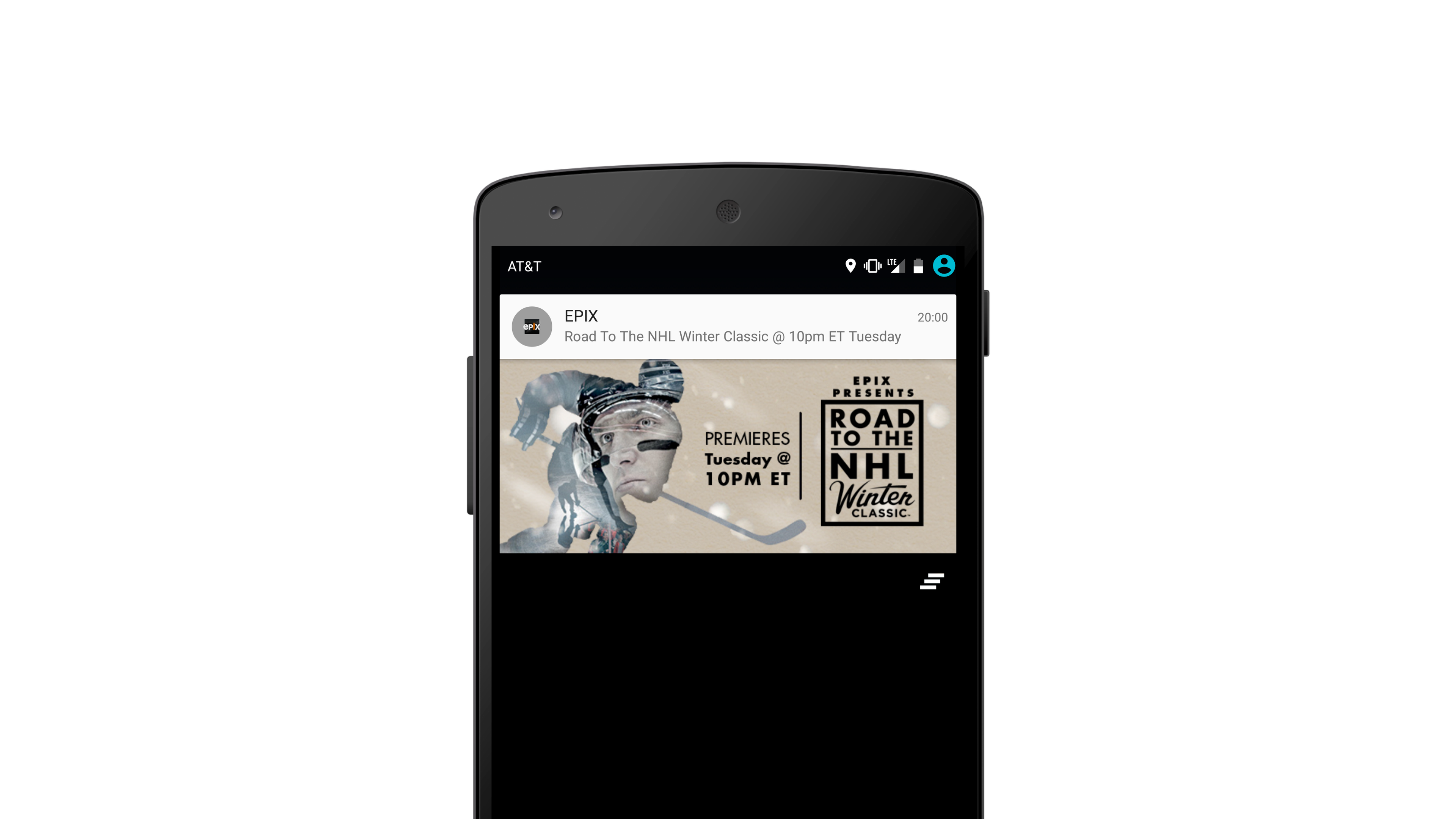 A mobile screen displaying a promotional image for "Road to the NHL Winter Classic," airing Tuesday at 10 PM ET on EPX. The image features a hockey player and event details.