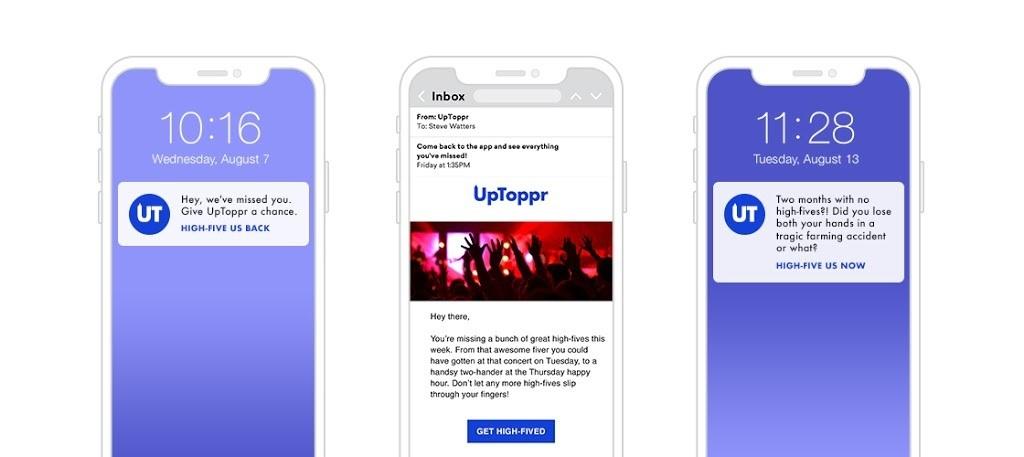 Three smartphones displaying a promotional email from UpToppr, featuring colorful concert imagery and notifications about missed events. The time and date are shown on each screen.