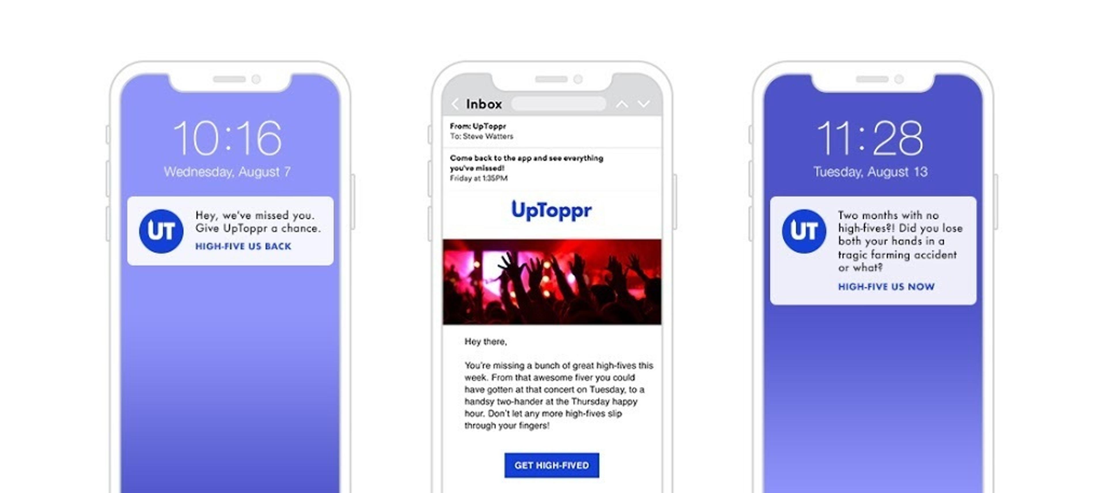 Three smartphones displaying a promotional email from UpToppr, featuring colorful concert imagery and notifications about missed events. The time and date are shown on each screen.