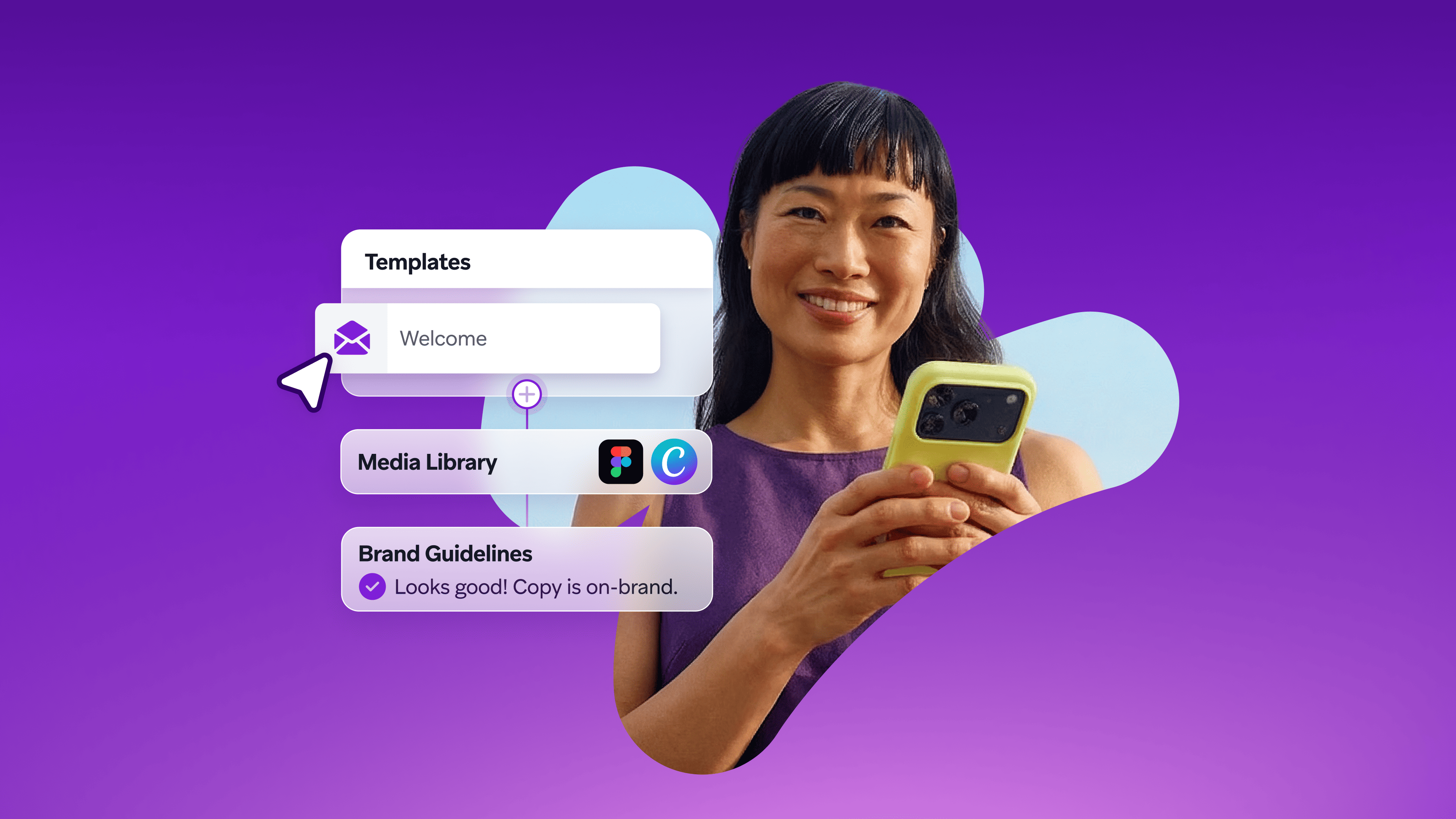 Smiling woman holding a phone, with an interface overlay showing "Templates," "Media Library" with icons, and "Brand Guidelines" on a purple background.
