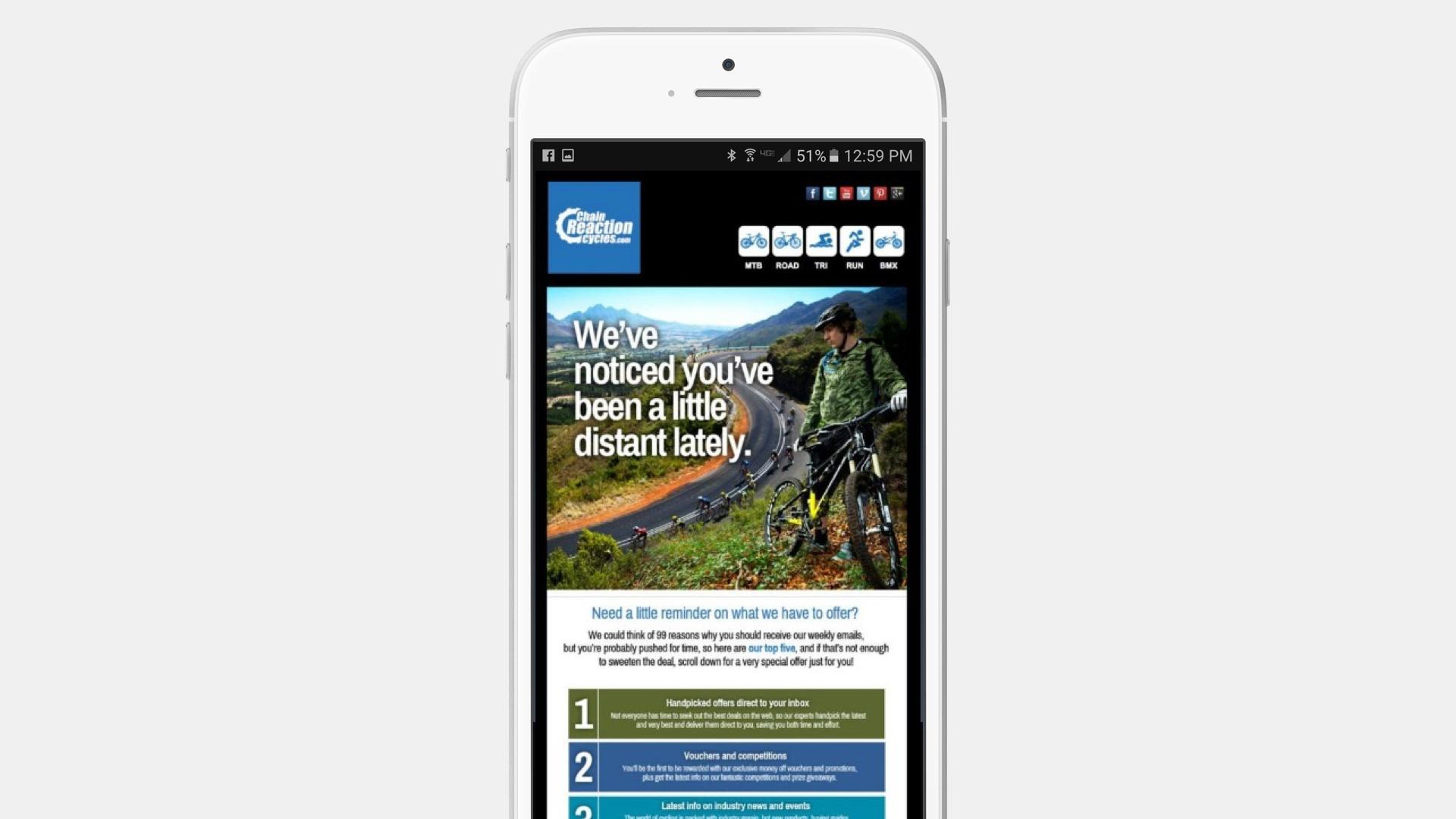 A smartphone displaying a website with a message about reconnecting and offering services, featuring a cyclist in a scenic landscape.