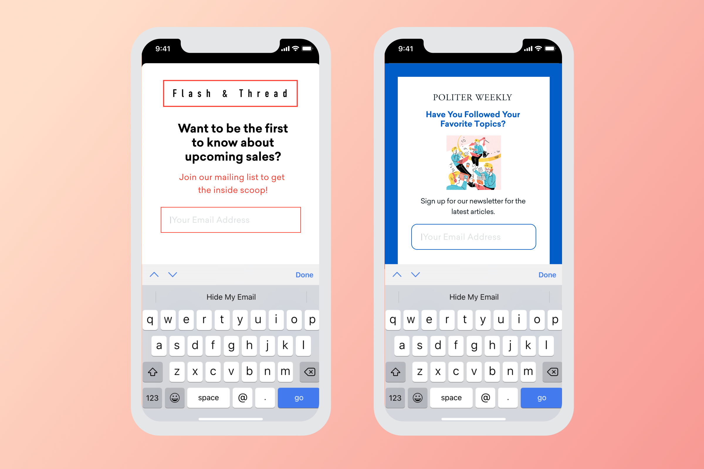 Two smartphones displaying email subscription forms. The left screen features "Flash & Thread" with a prompt to join a mailing list, while the right screen shows "POULTER WEEKLY" with a similar subscription invitation.