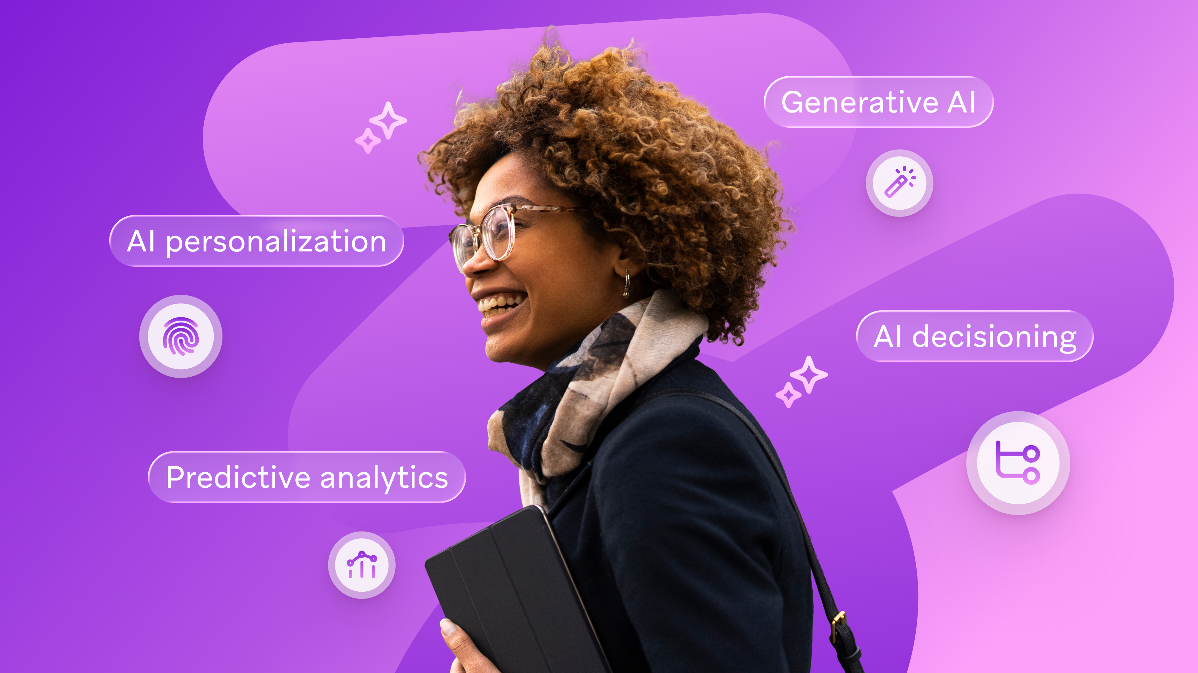 Smiling woman with a tablet, surrounded by bubbles listing AI concepts like Generative AI, AI personalization, and Predictive analytics.
