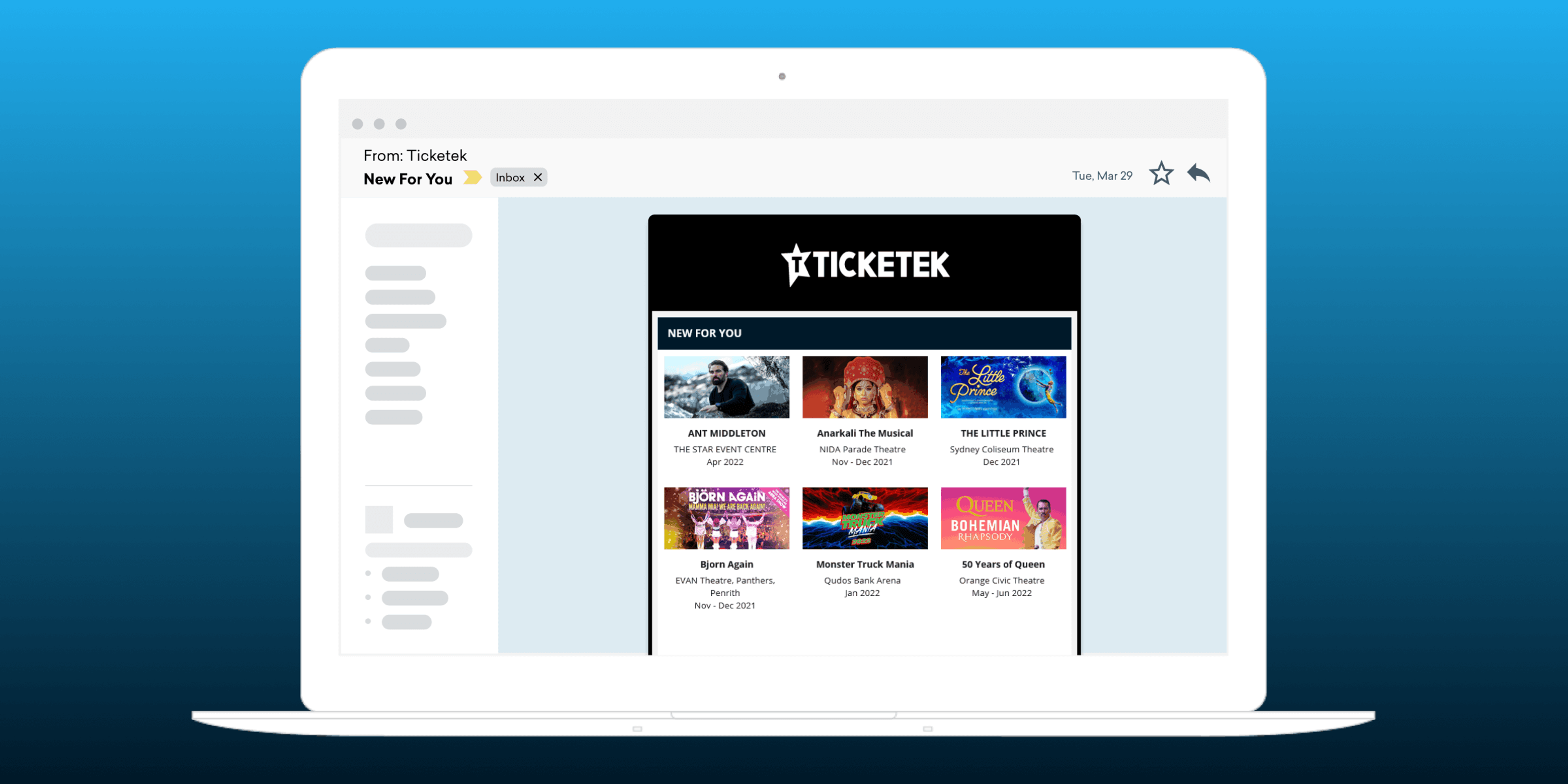 A laptop screen displaying an email from Ticketek titled "New For You," featuring various event promotions and images. The background is a gradient of blue.