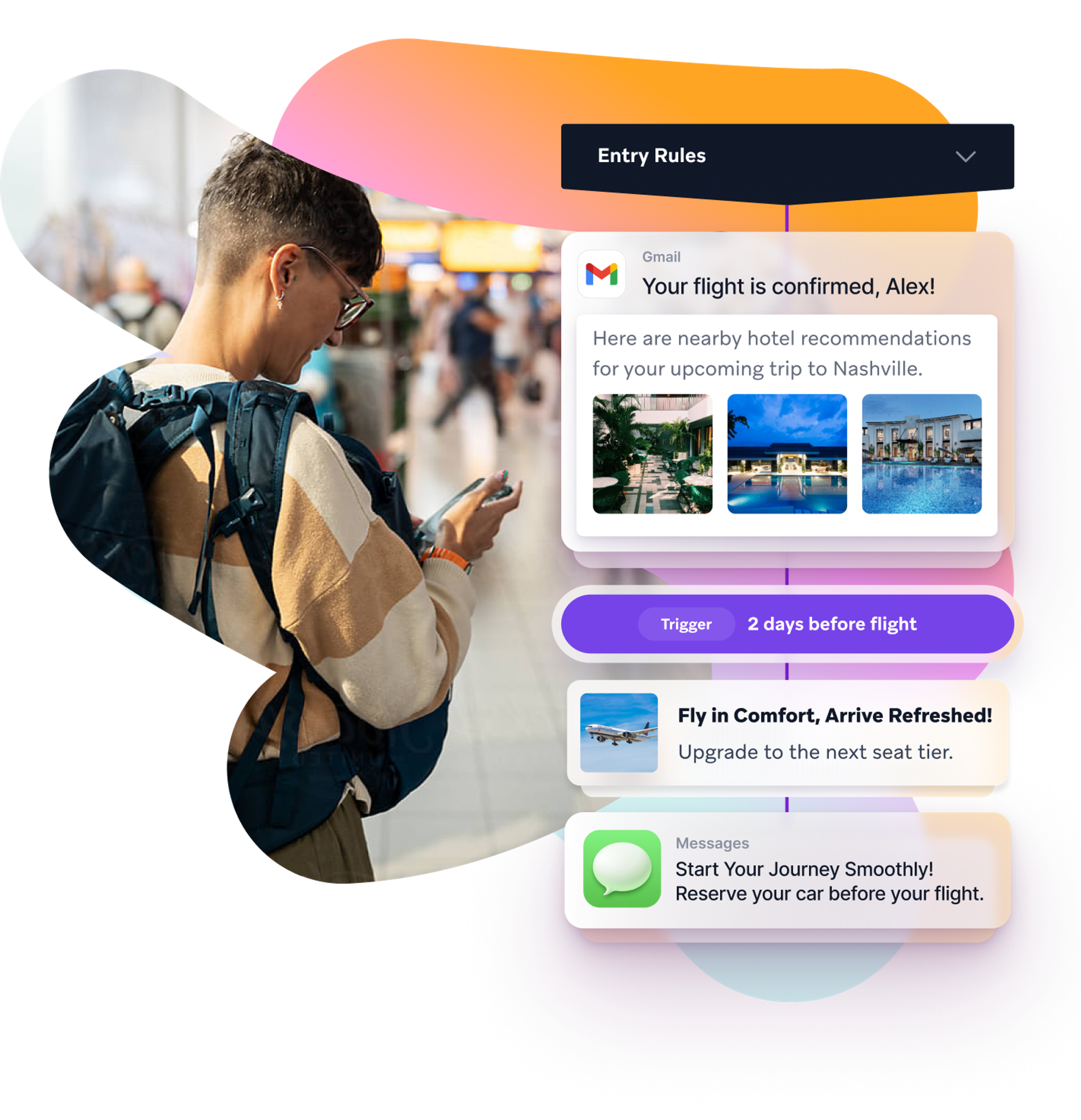 a man with a backpack is looking at his phone with a gmail message that says your flight is confirmed alex