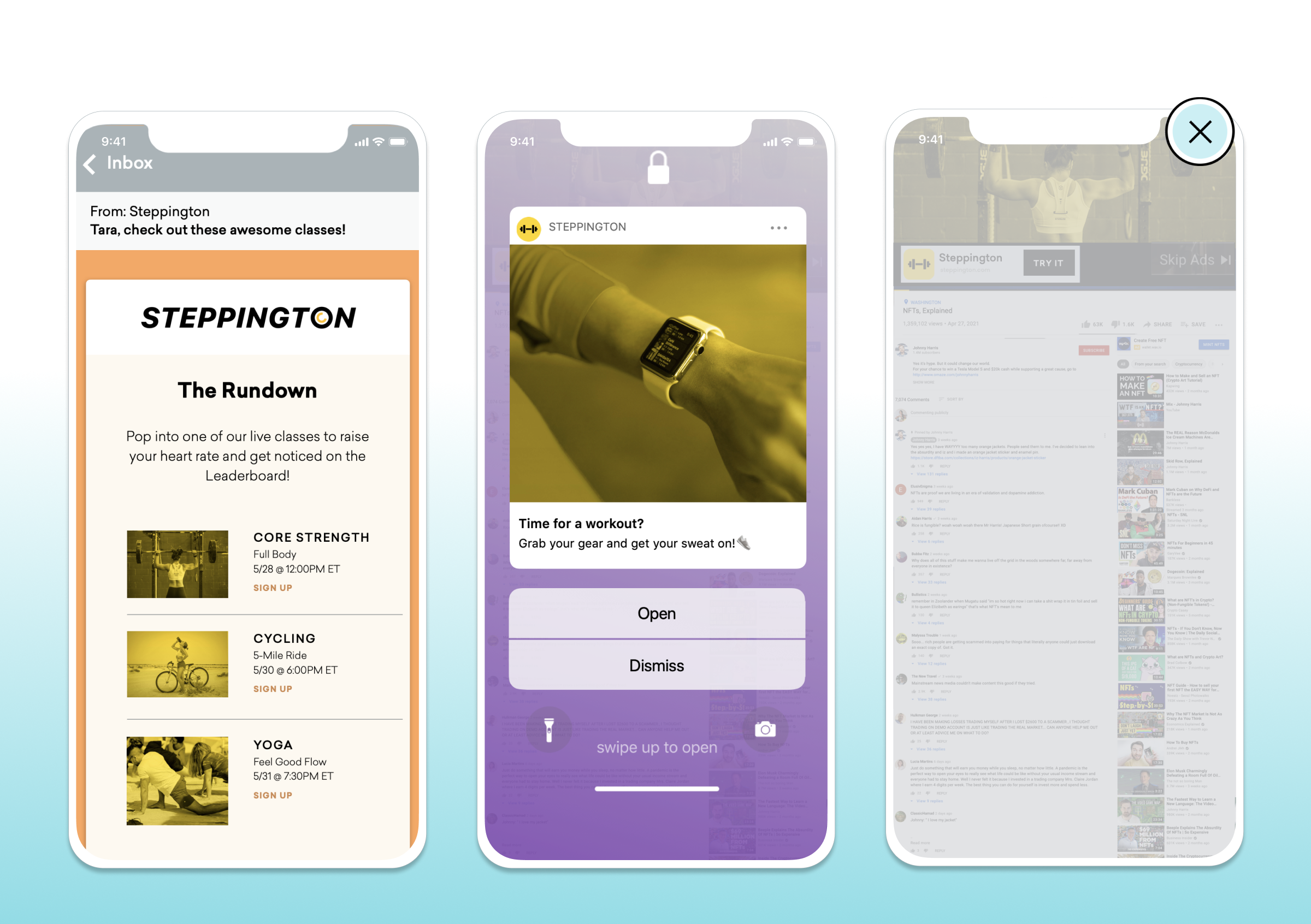 A smartphone screen displaying a fitness app with class options like core strength, cycling, and yoga. The app also features a workout reminder and a dismiss button.