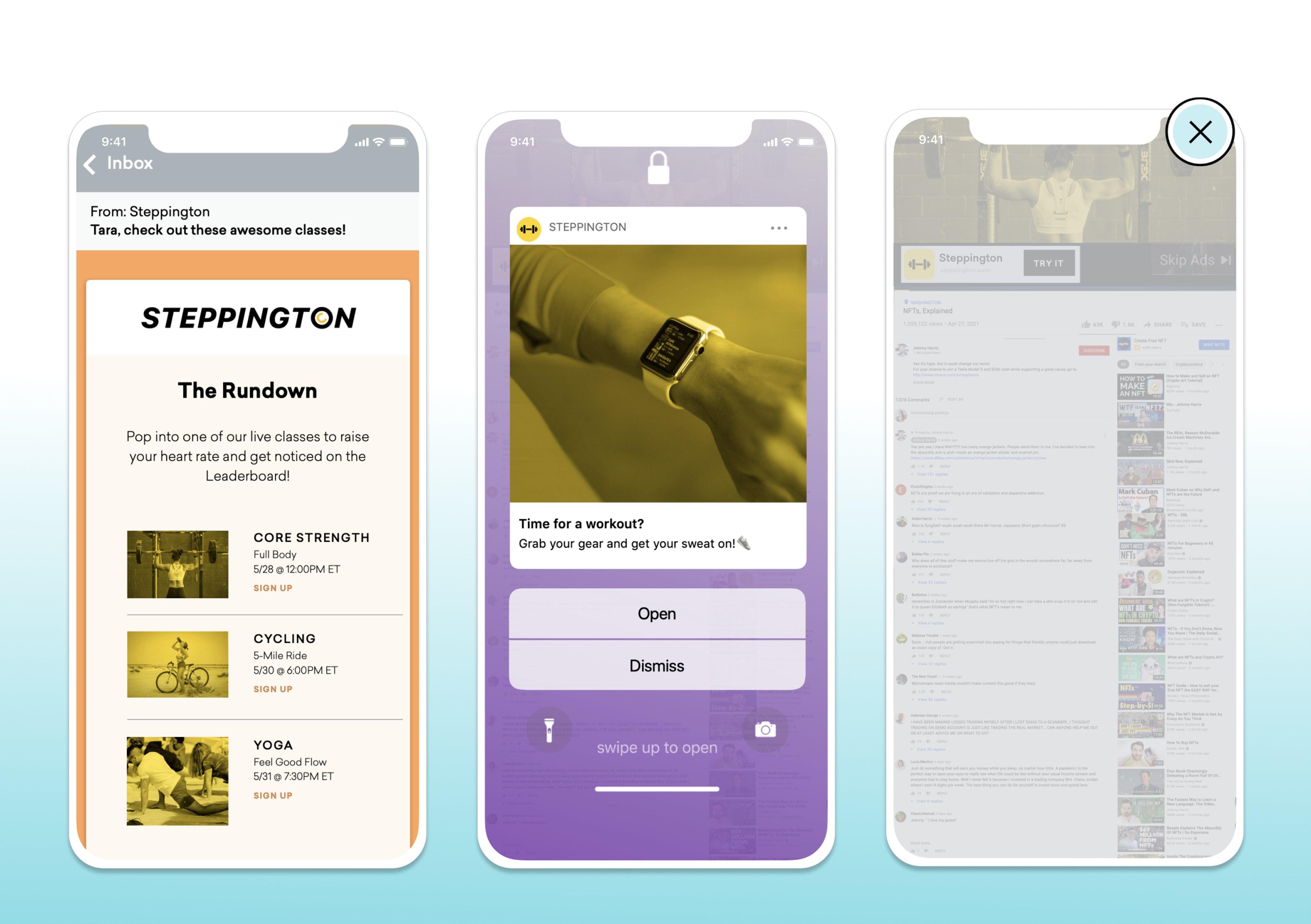A smartphone screen displaying a fitness app with class options like core strength, cycling, and yoga. The app also features a workout reminder and a dismiss button.