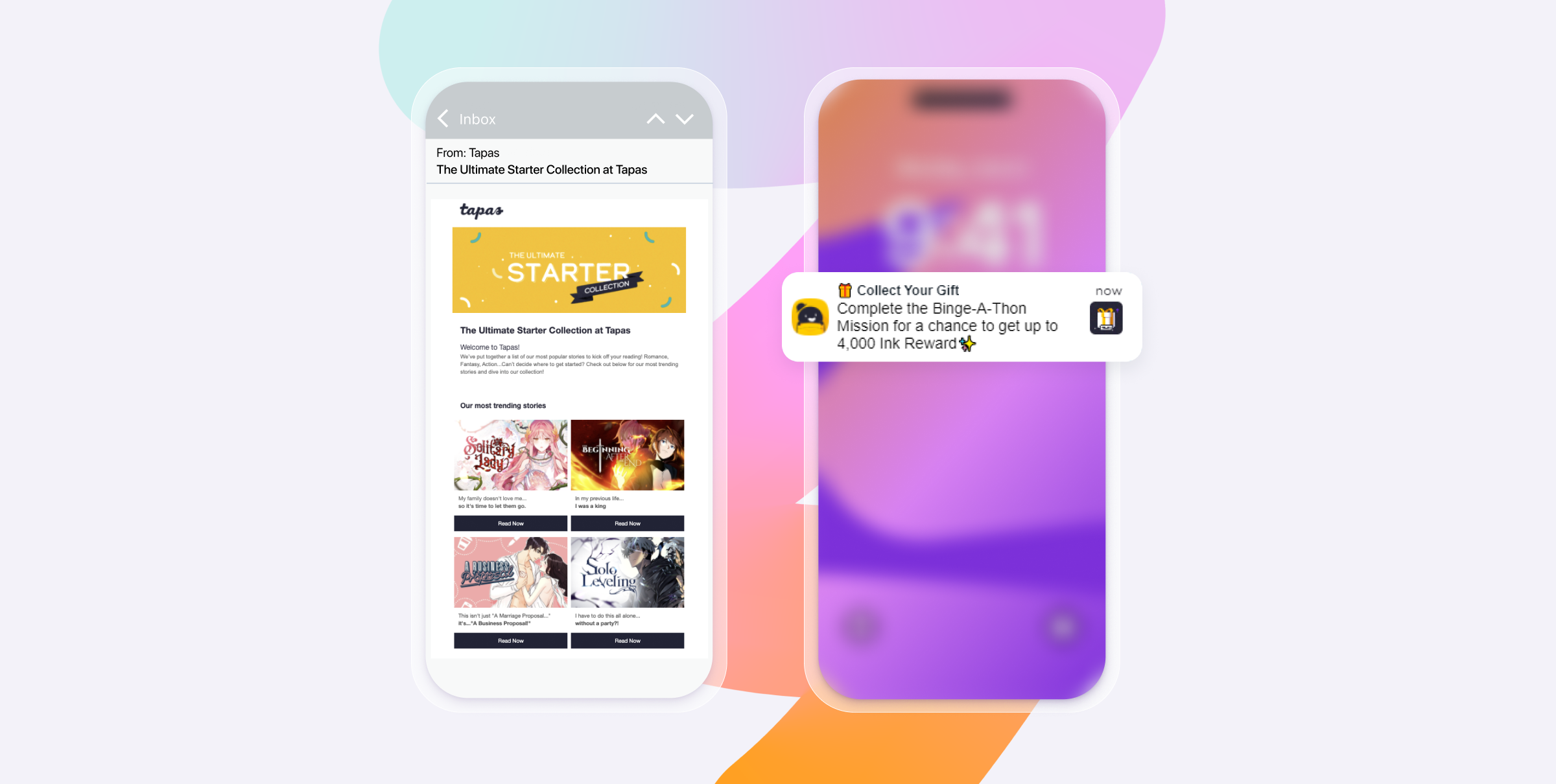 Dois smartphones exibem um e-mail da Tapas e uma notificação "Resgate seu presente".