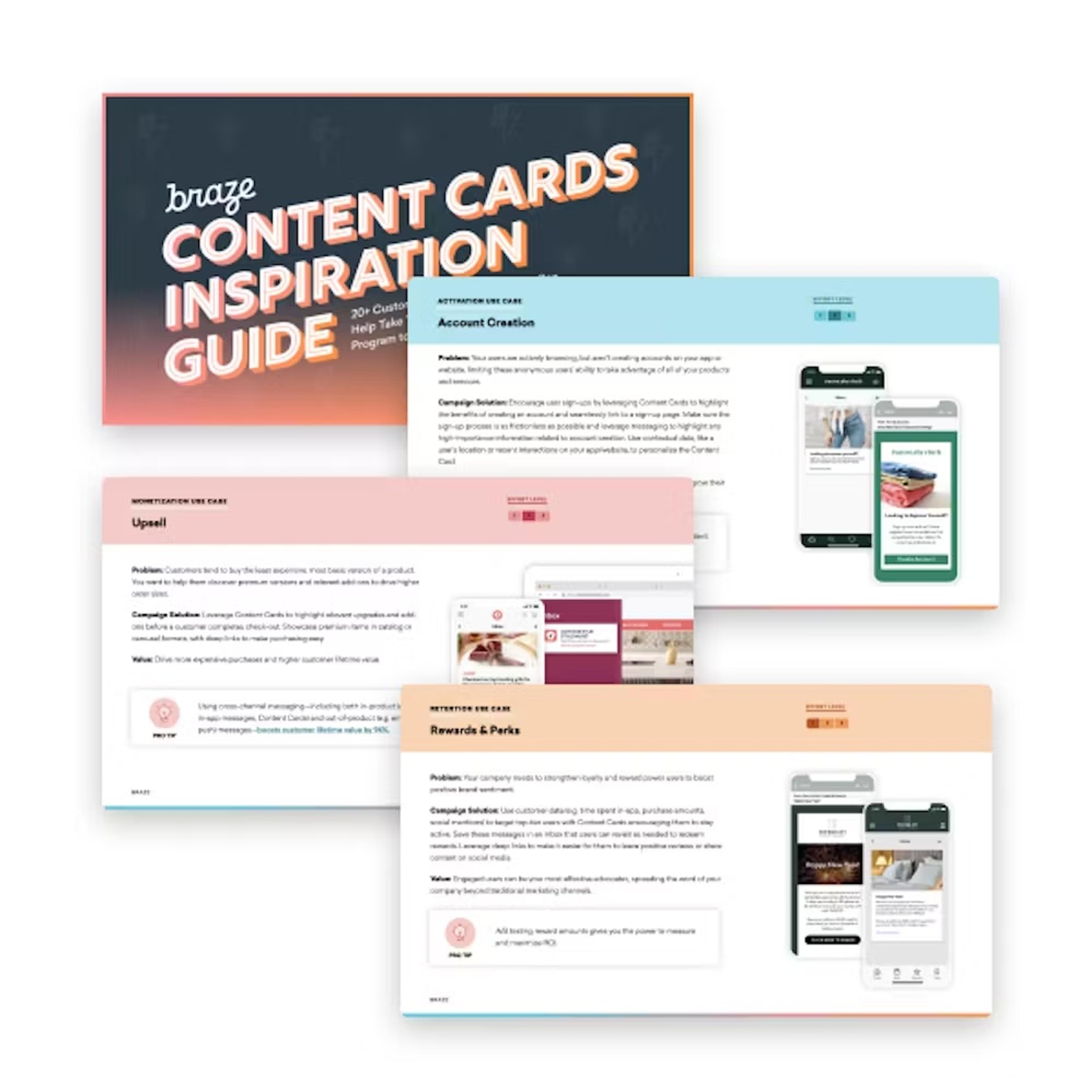 A graphic featuring the title "Braze Content Cards Inspiration Guide" along with three example content cards showcasing different marketing strategies.